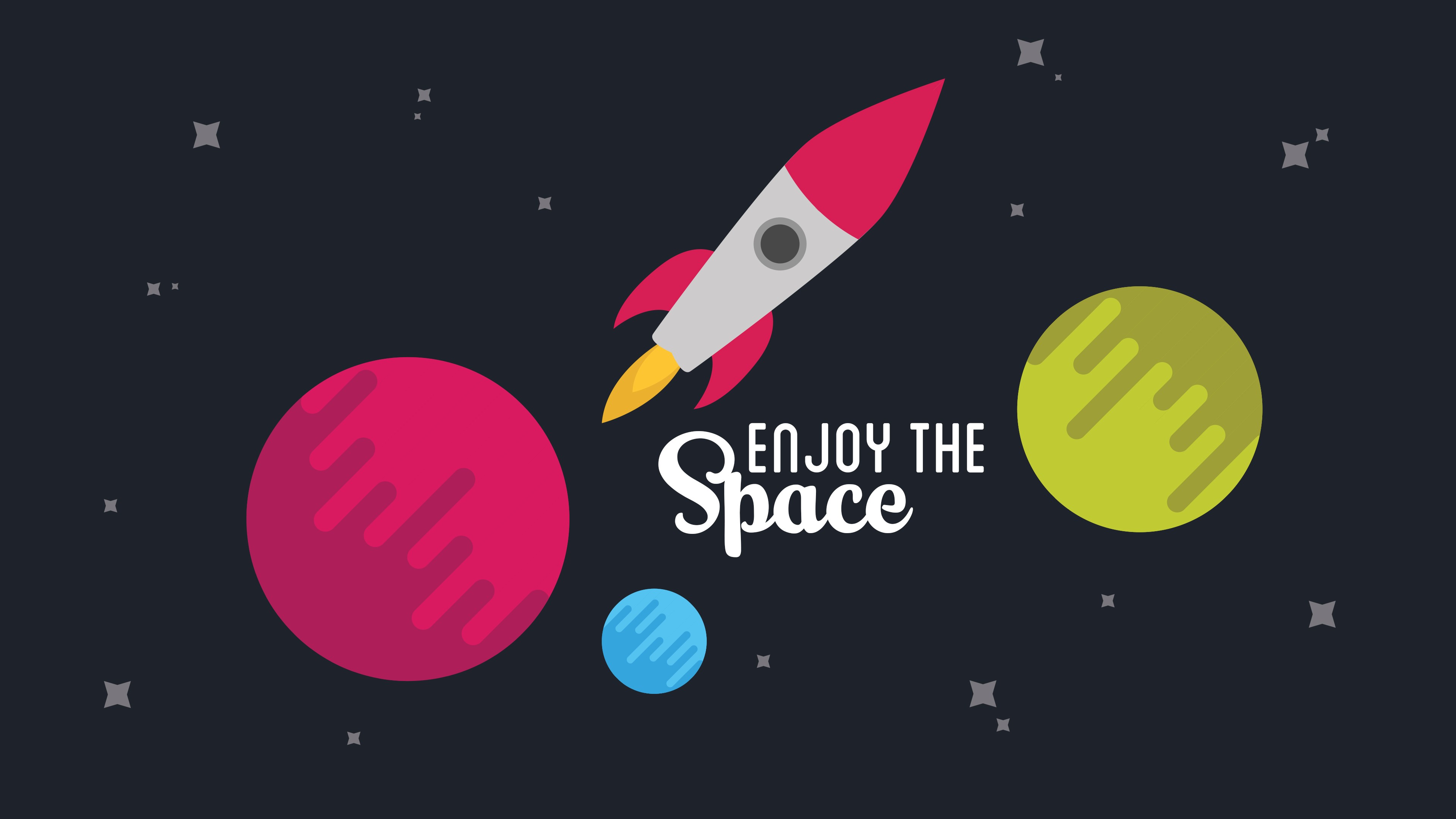 Rocket ship and planets in space with text HD Wallpaper