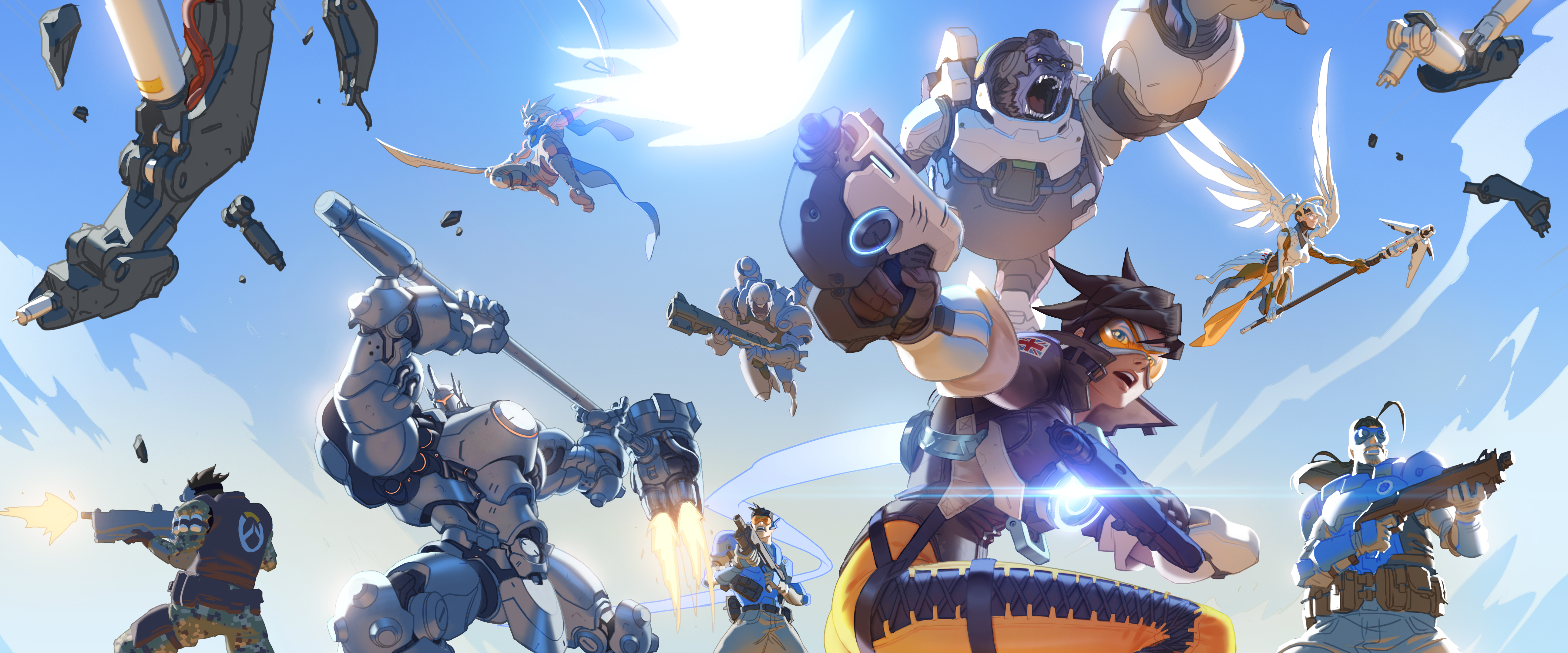 Tracer and other Overwatch characters in action HD Wallpaper