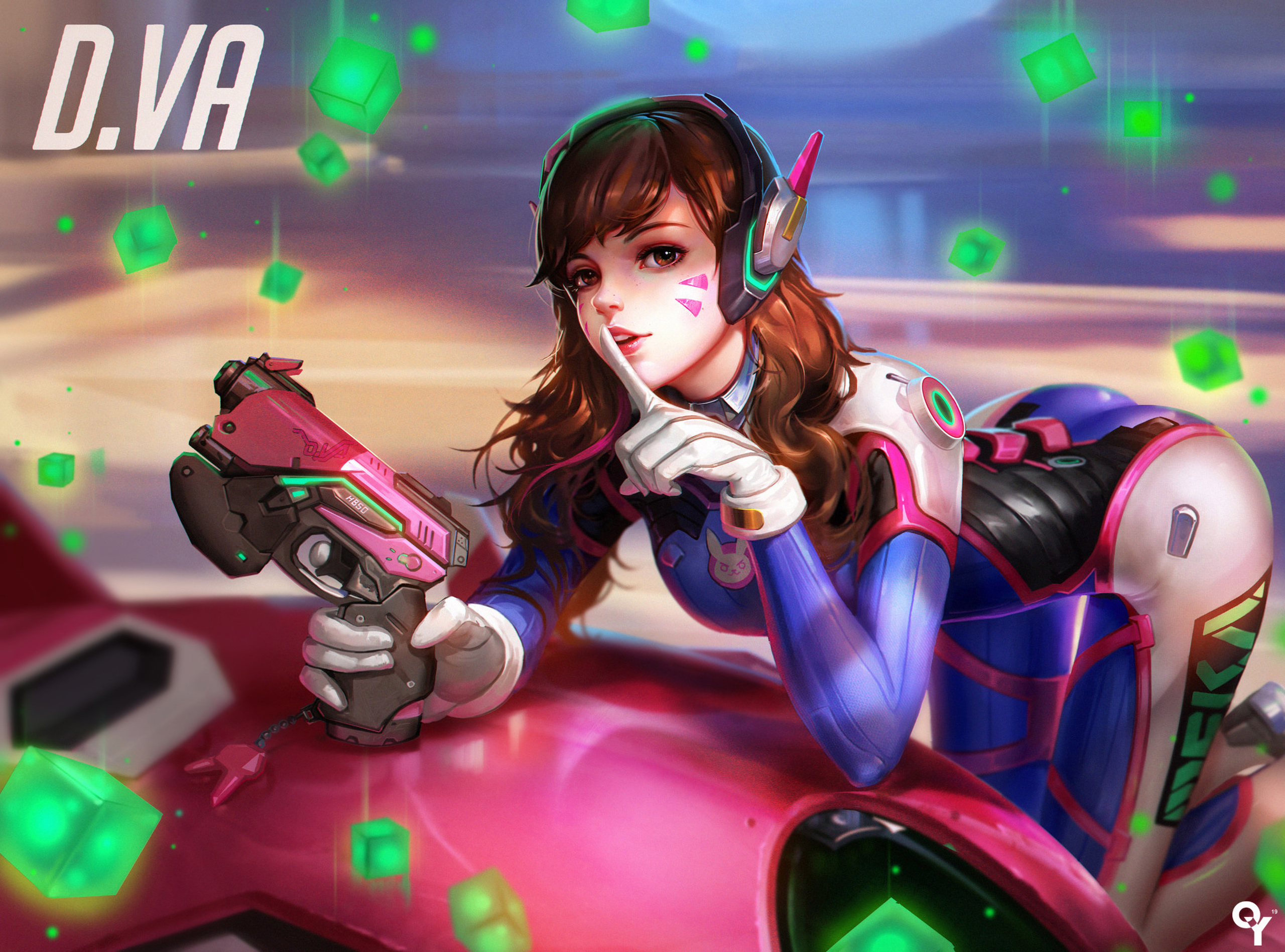 D.Va from Overwatch holding a Fusion Cannon HD Wallpaper