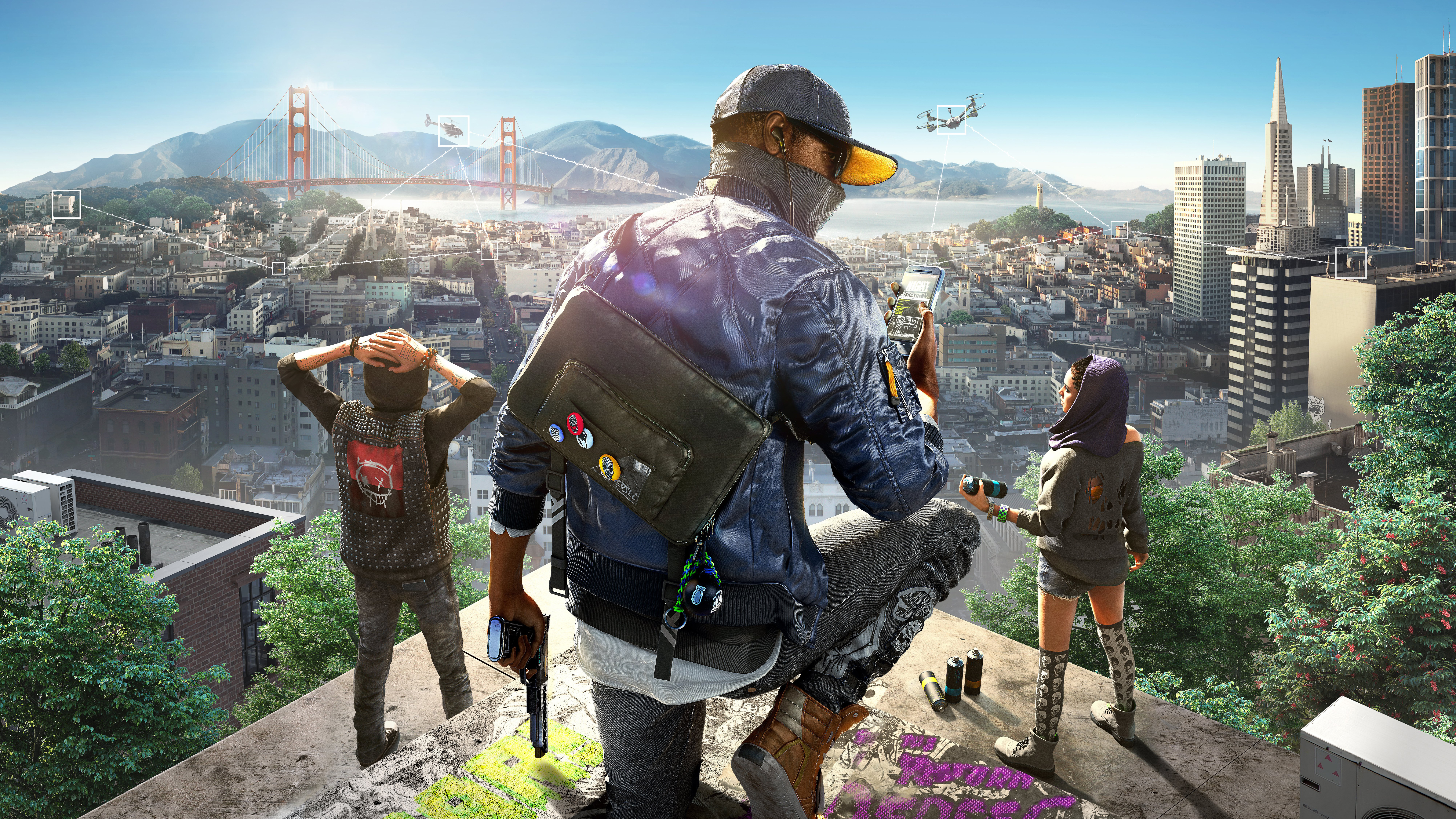 Watch Dogs 2 characters overlooking San Francisco HD Wallpaper