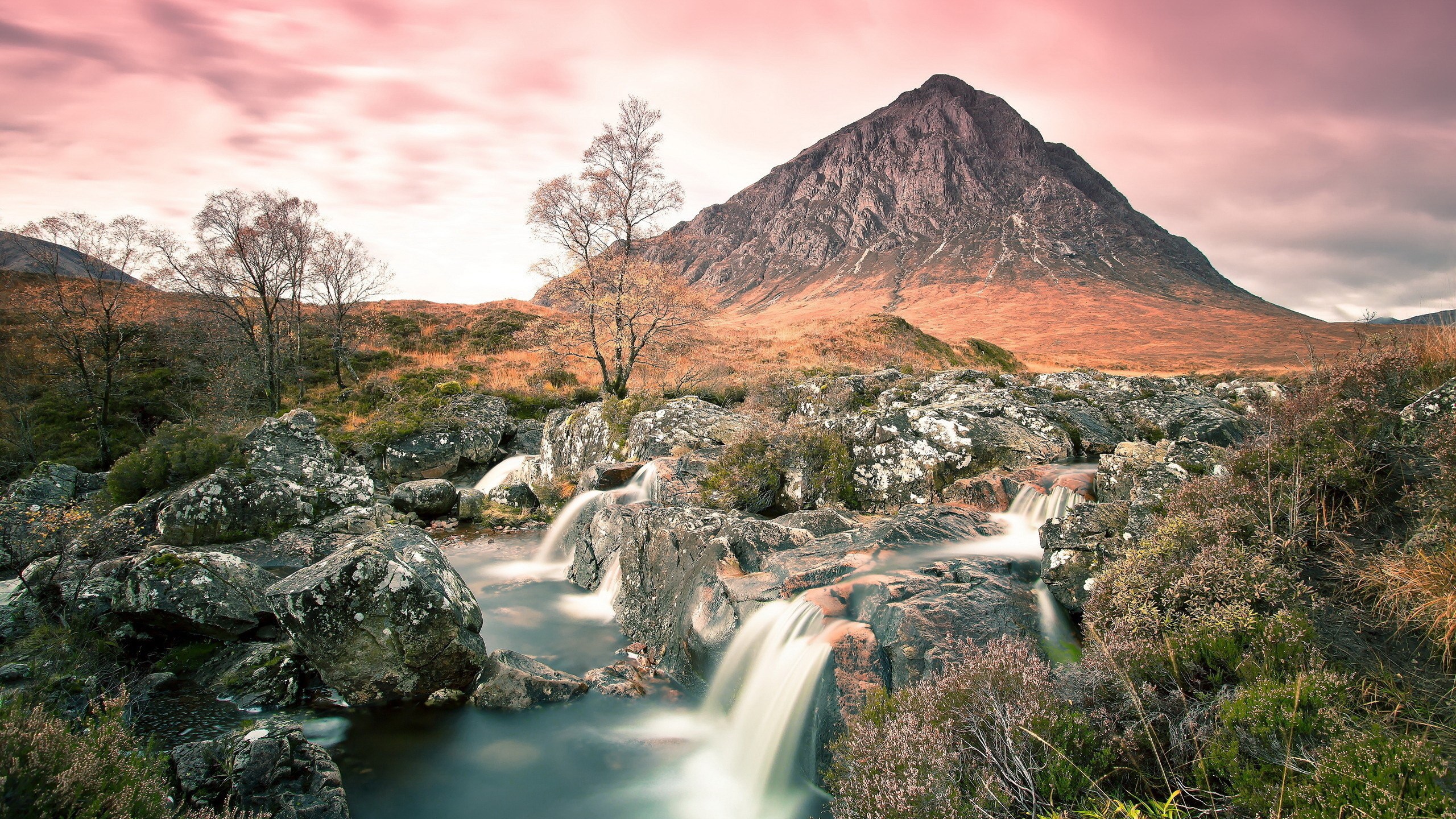 Mountain and waterfall landscape with pink sky HD Wallpaper