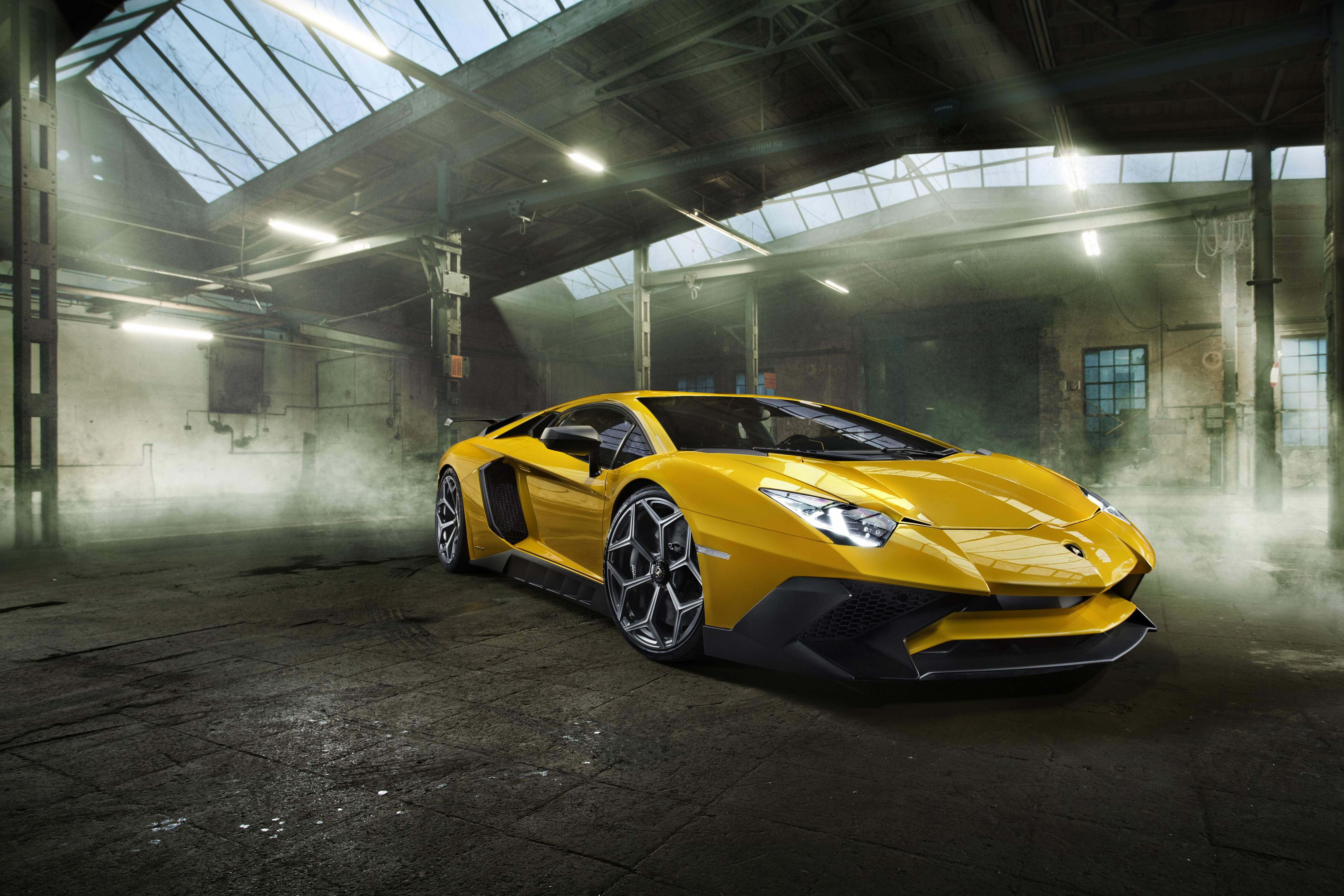 Yellow Lamborghini Aventador LP750-4 Superveloce in garage HD Wallpaper