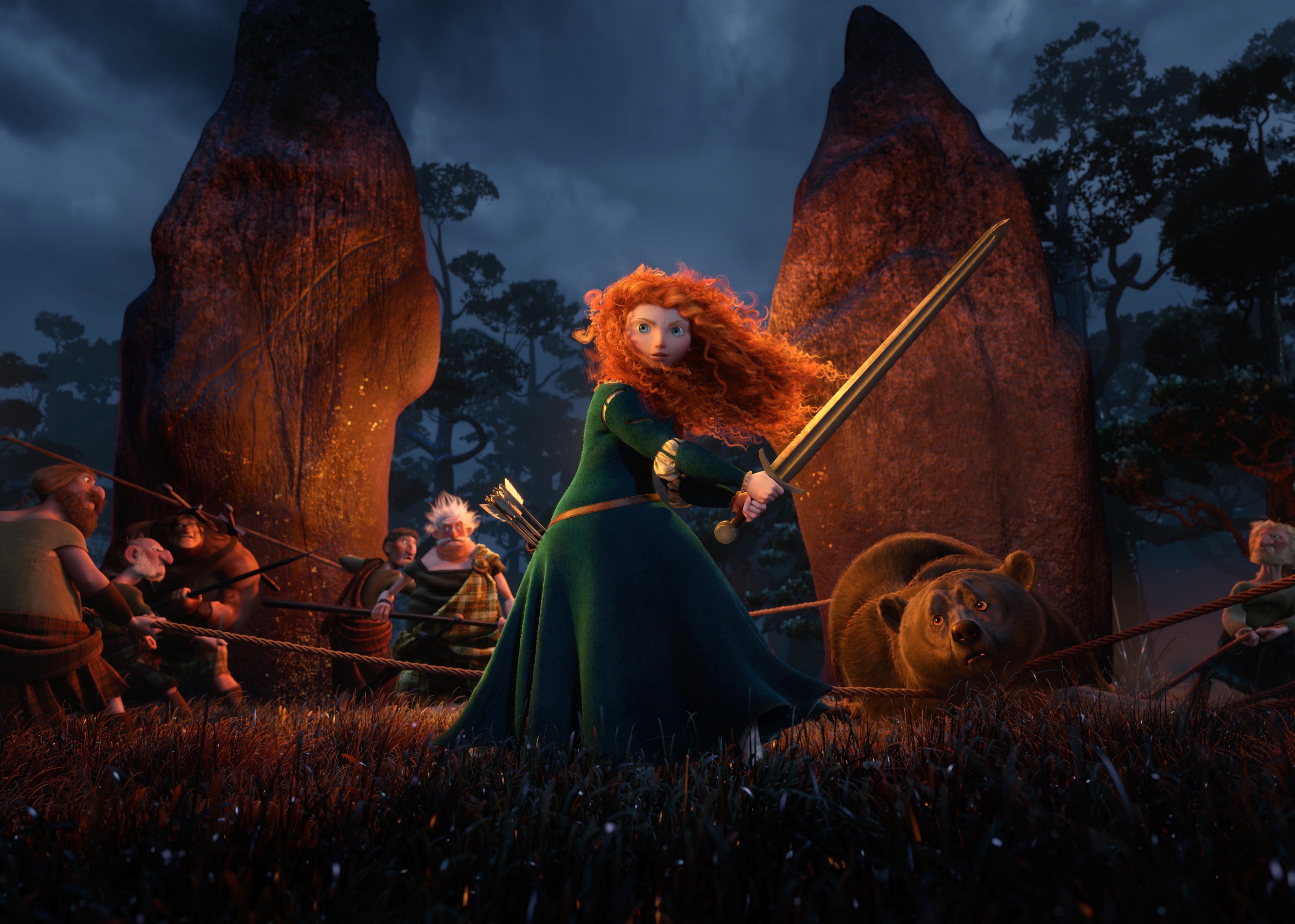 Merida from Brave with a bear and clansmen HD Wallpaper