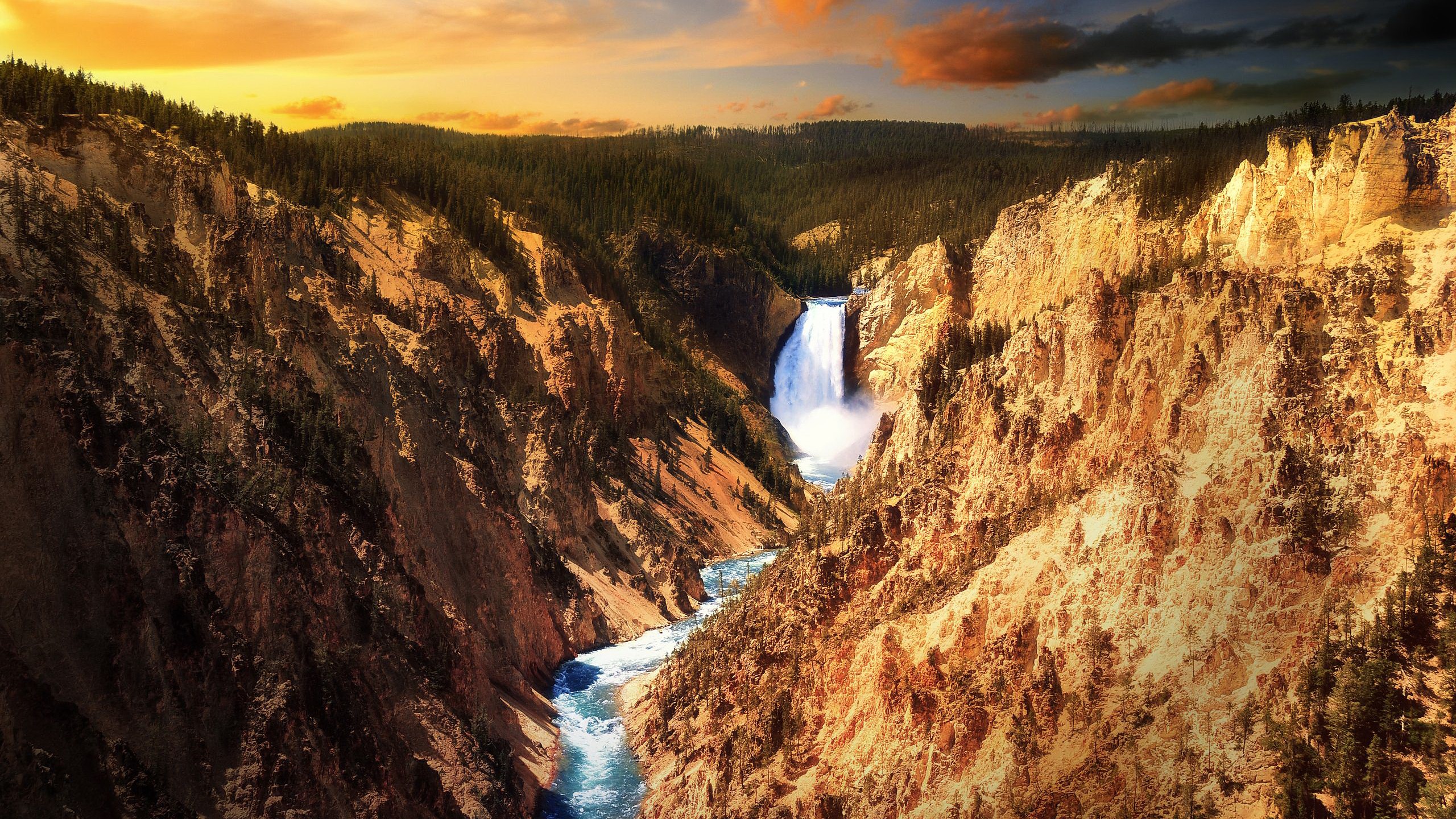 Waterfall in a canyon with pine trees and sunset sky HD Wallpaper