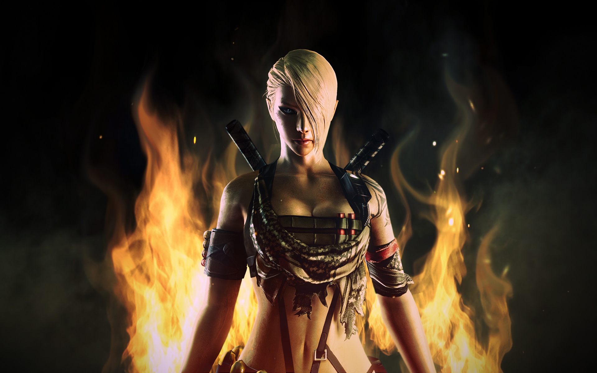 Nemesis from CrossFire with swords and flames HD Wallpaper