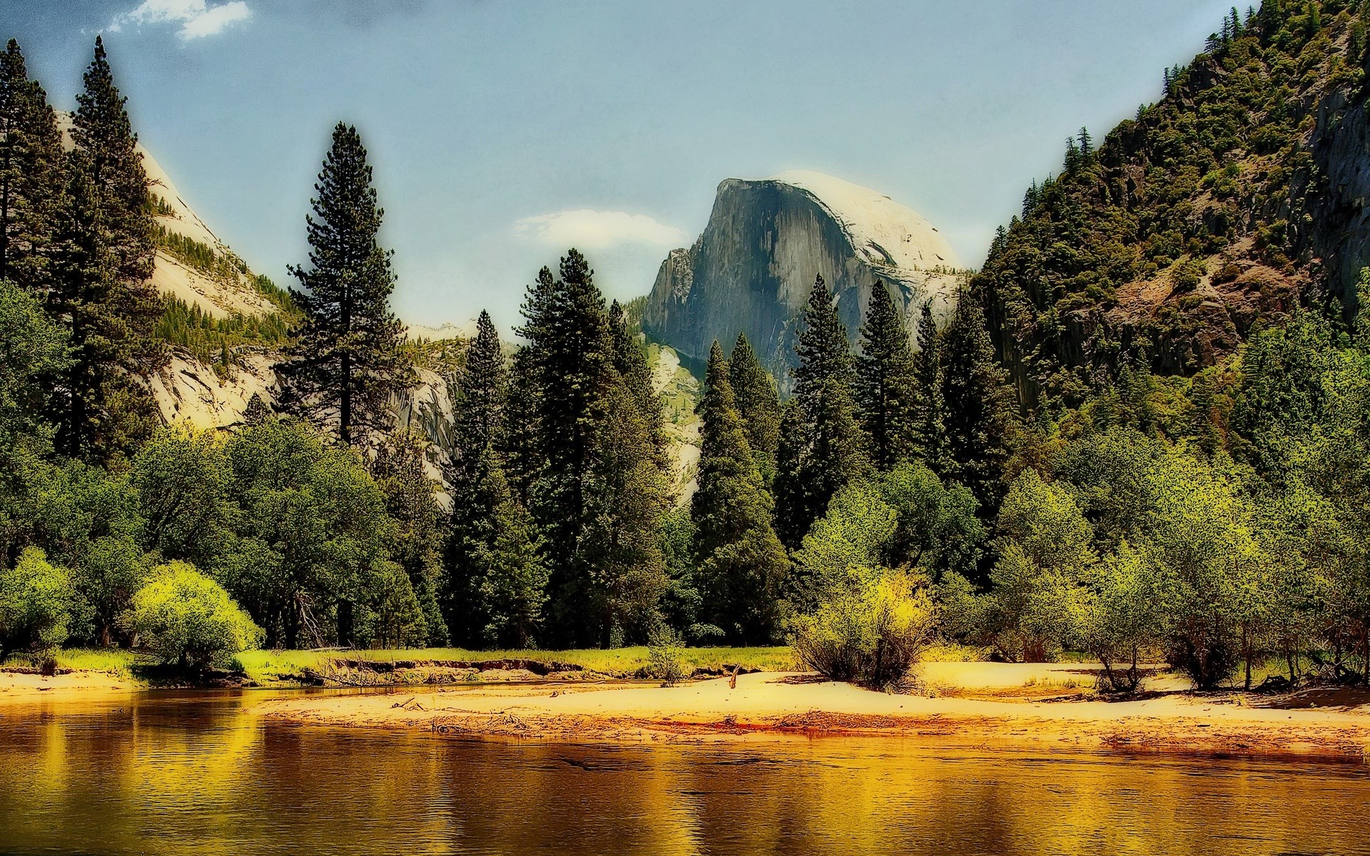 Half Dome Yosemite National Park River and Trees HD Wallpaper