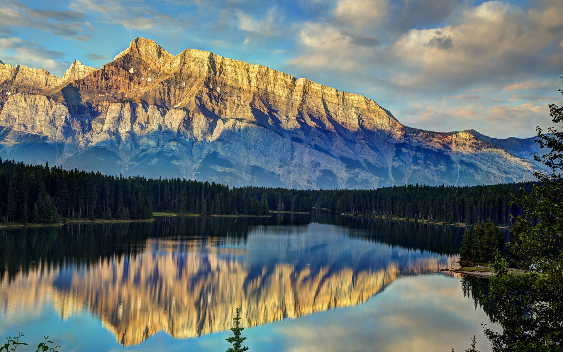 Mountain reflected in a lake with pine forest HD Wallpaper