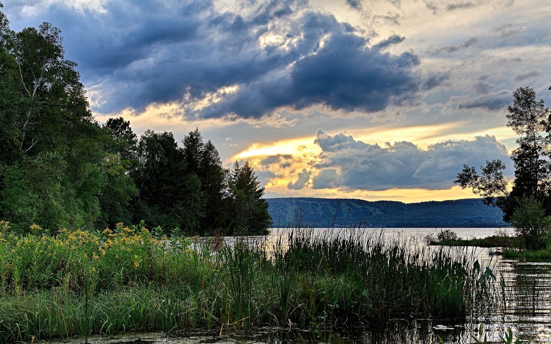 Sunset over a lake with trees and clouds HD Wallpaper