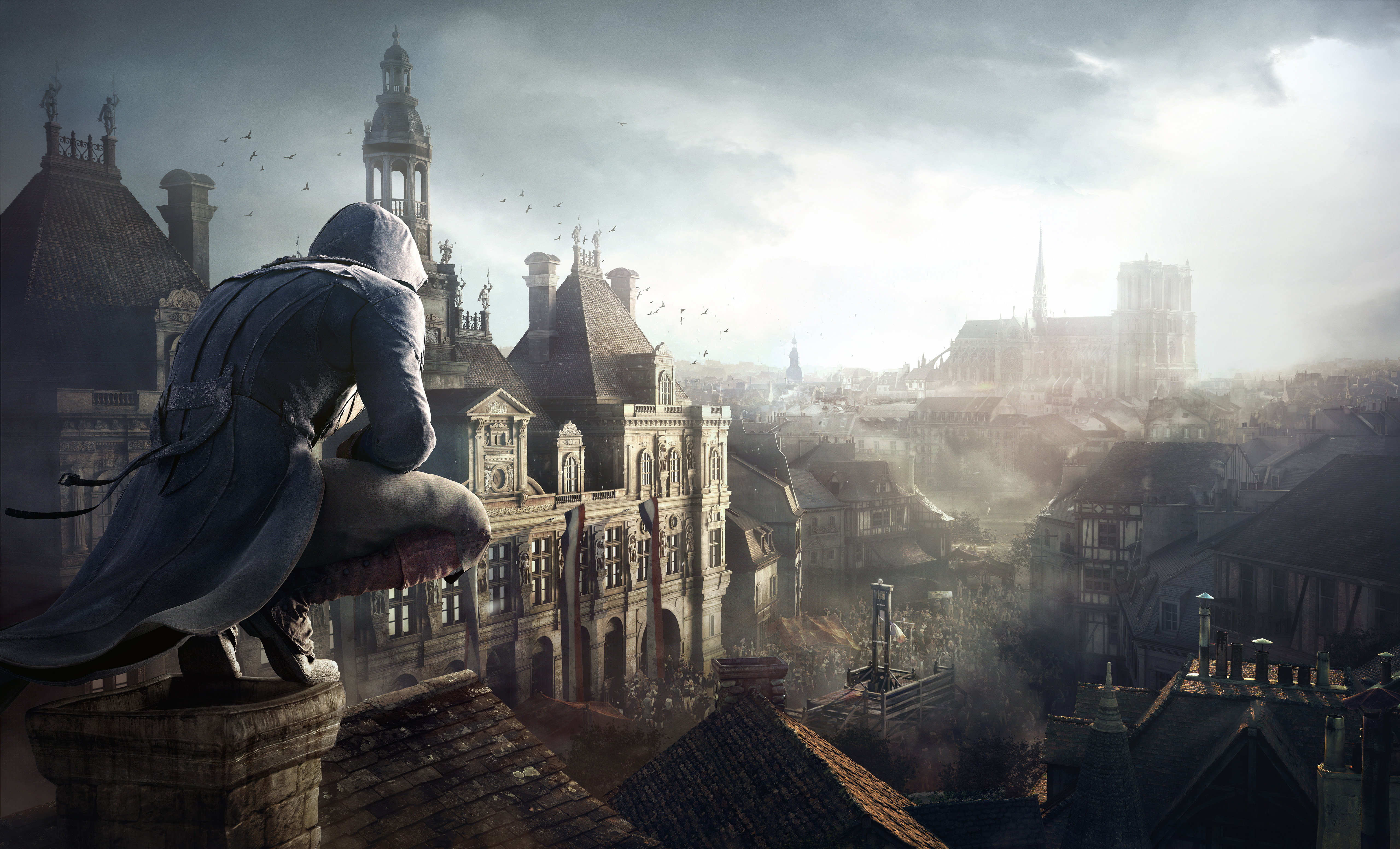 Assassin from Assassin's Creed Unity overlooking Paris HD Wallpaper