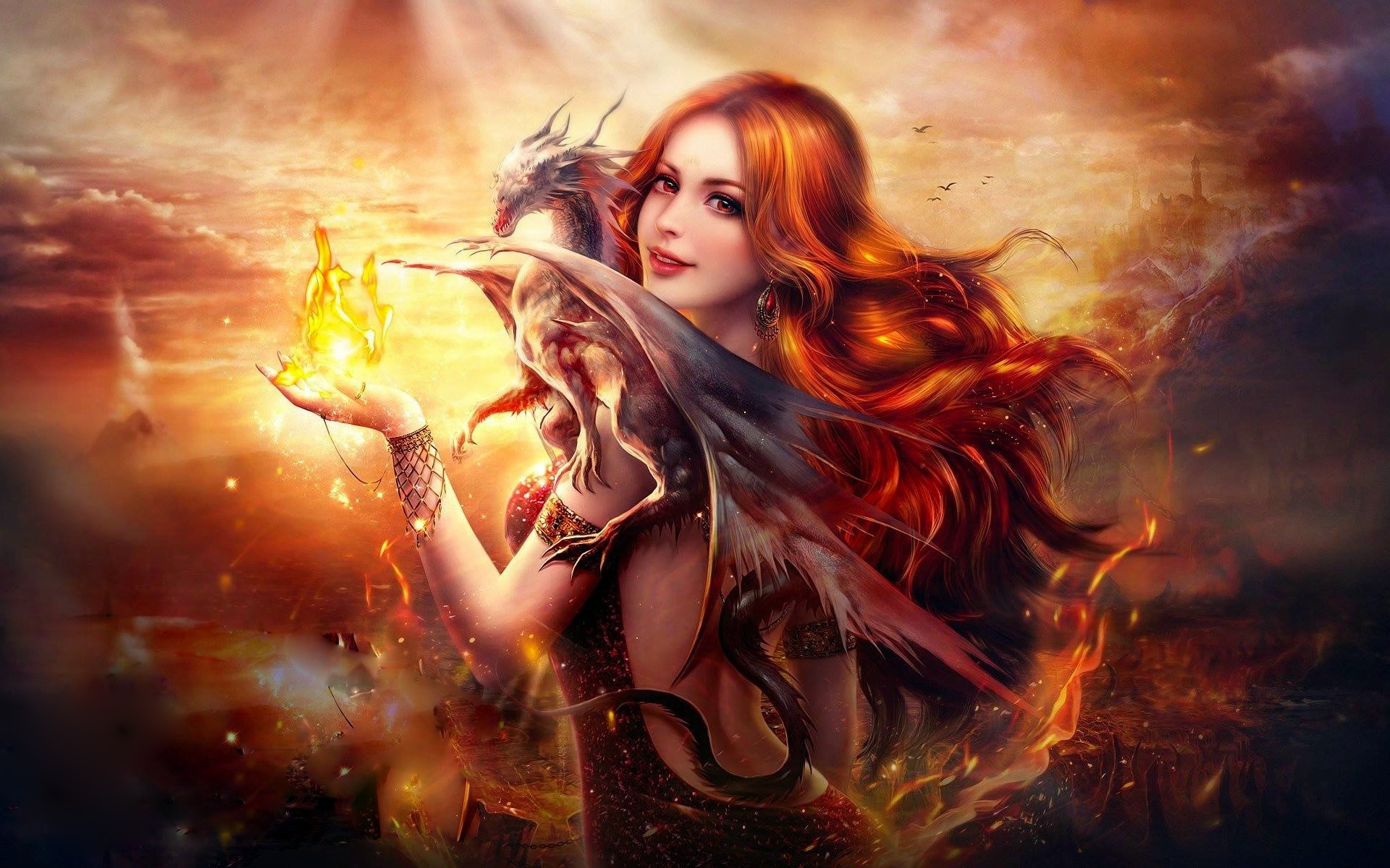 Girl with a dragon and fire HD Wallpaper