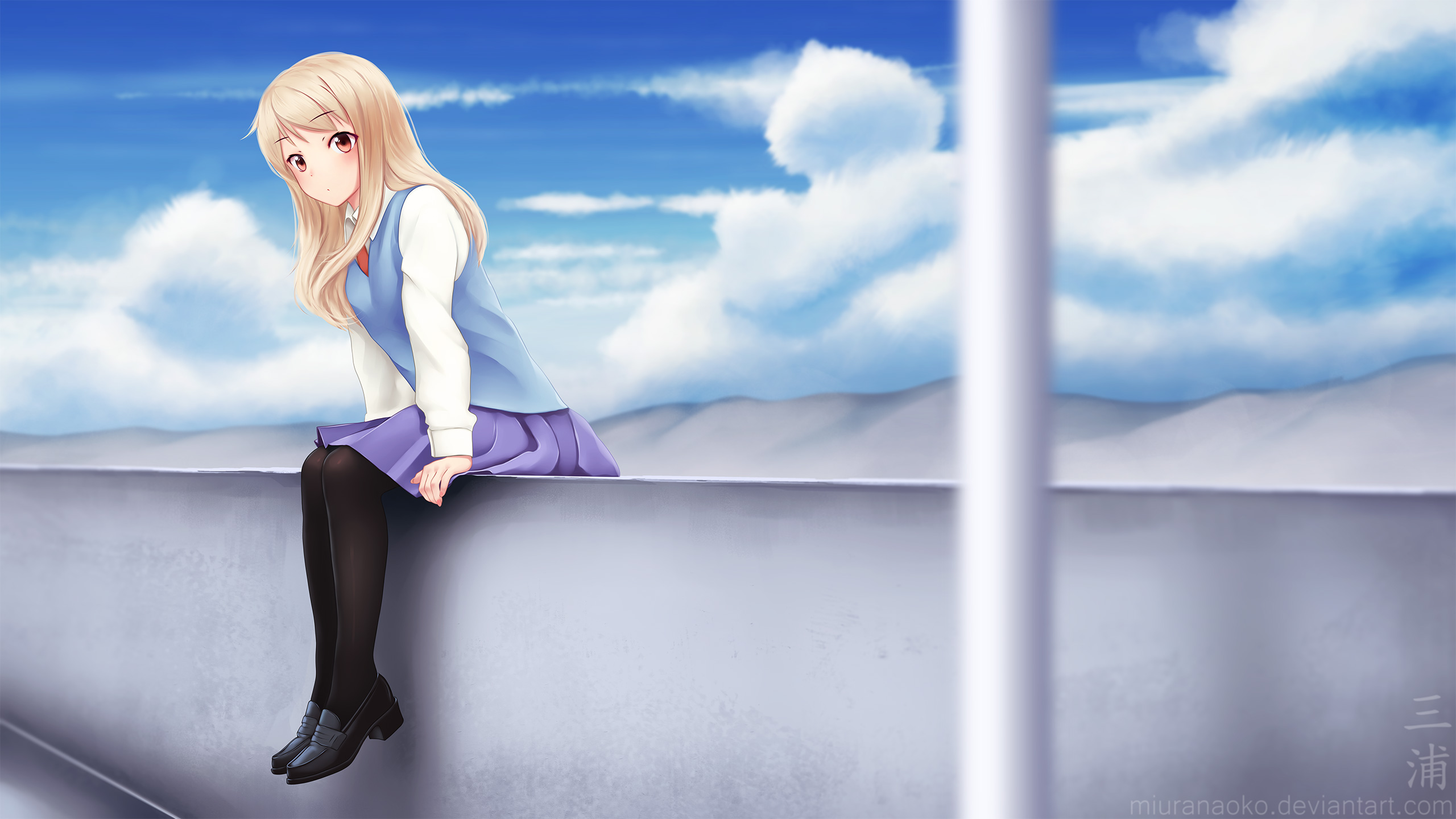 Shiina Mashiro sitting on a wall HD Wallpaper