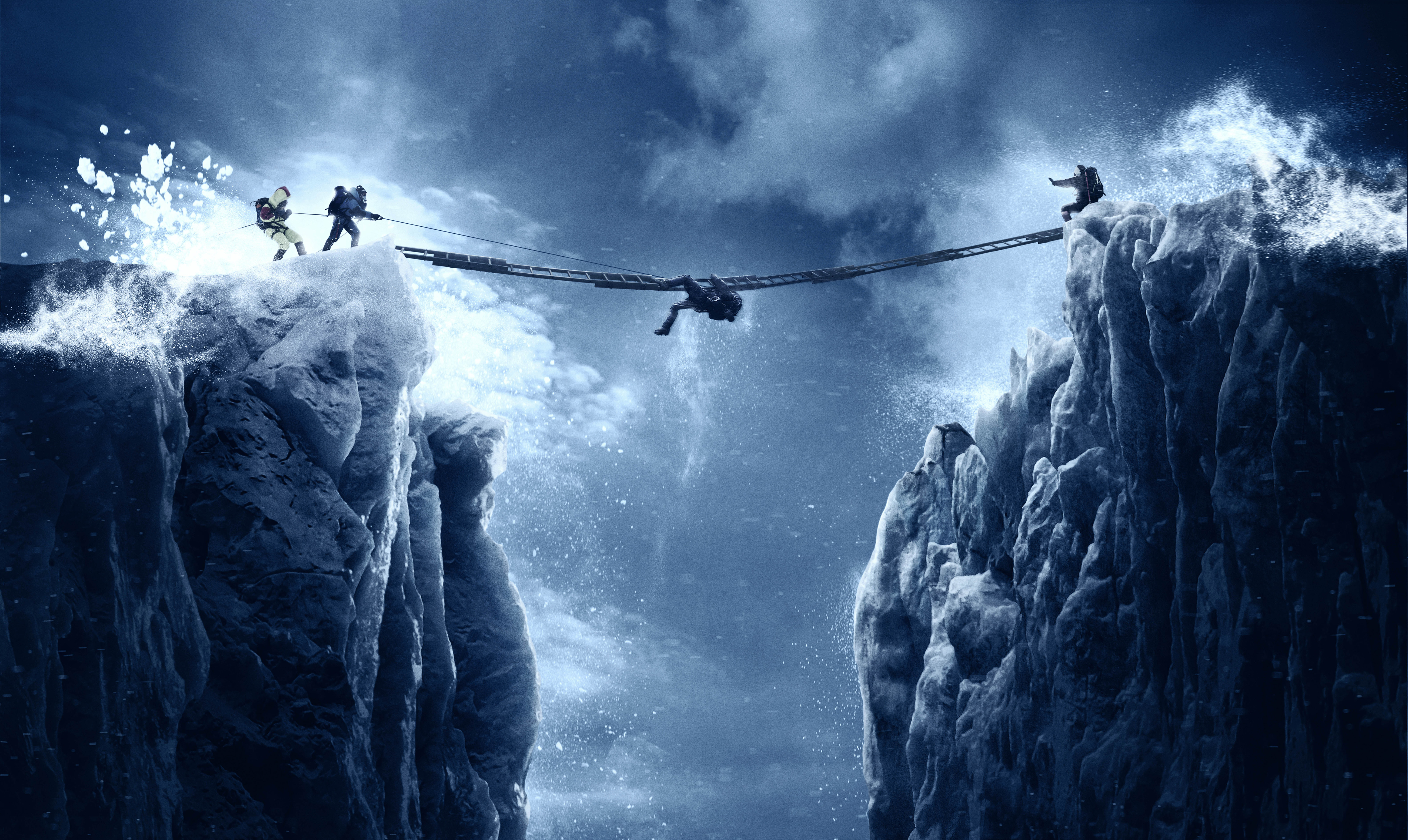 Mountaineers crossing a precarious bridge on Everest HD Wallpaper