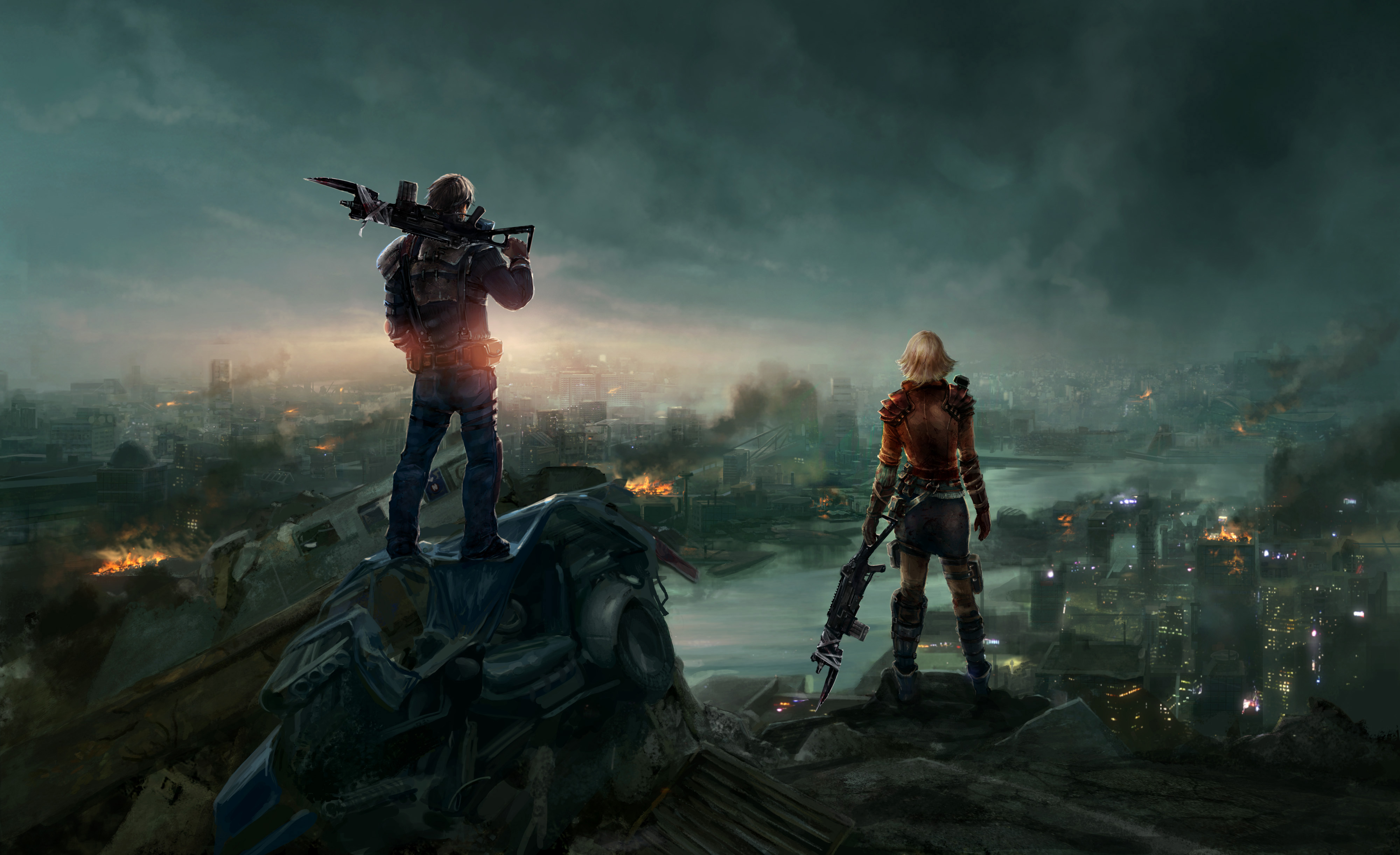 Survivors overlooking a destroyed city in Dead Nation HD Wallpaper