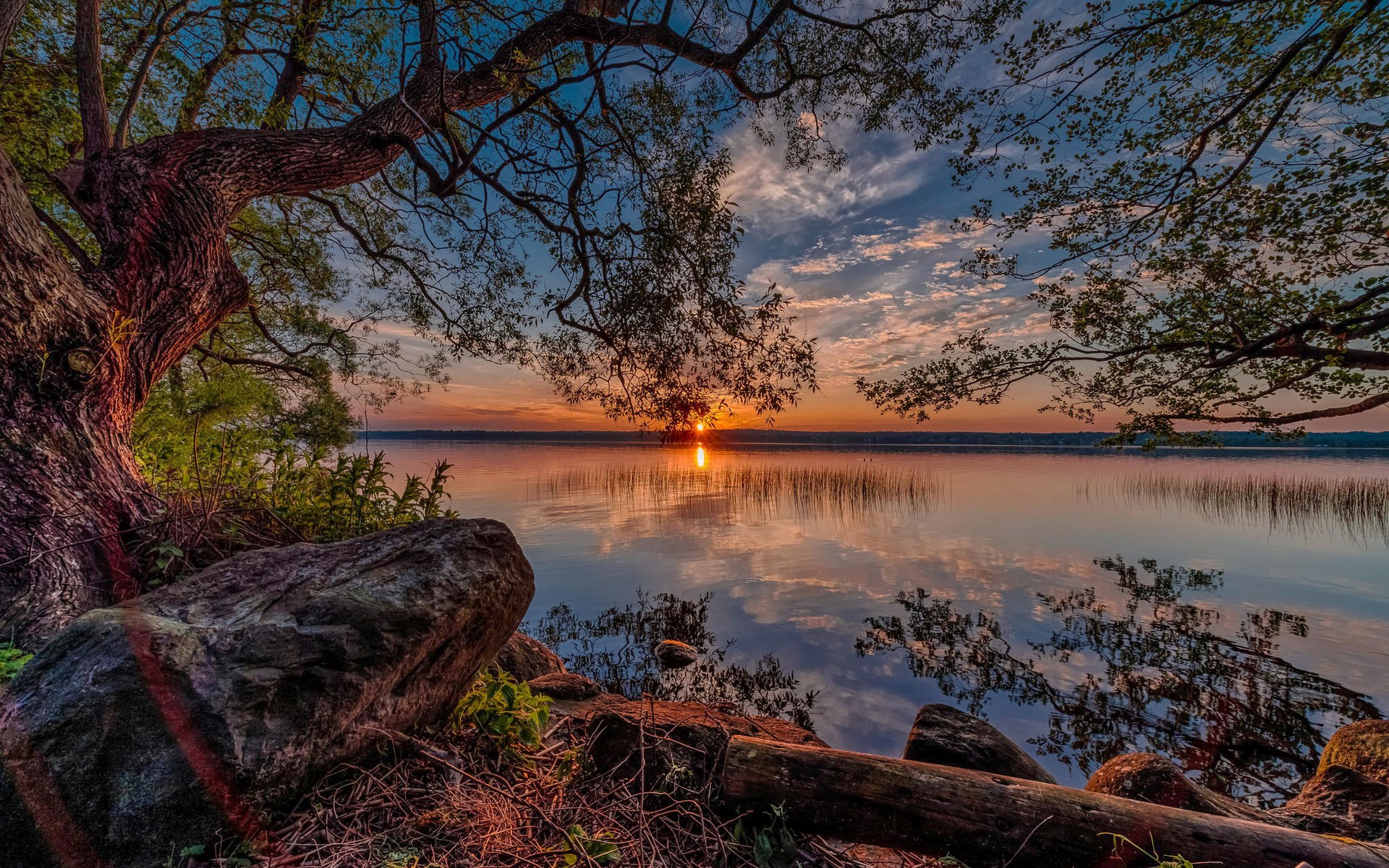 Sunset over a calm lake with trees and rocks HD Wallpaper