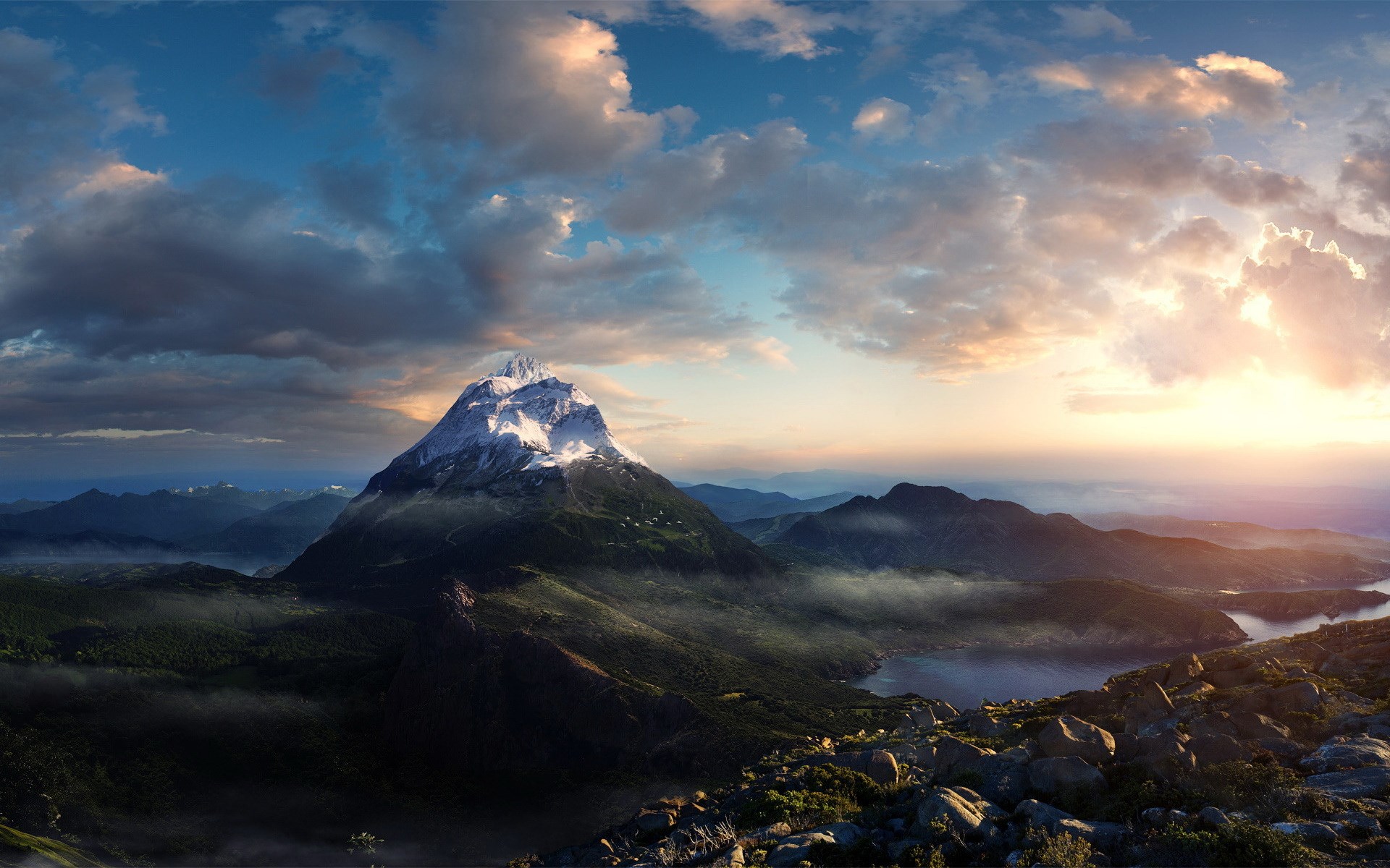 Majestic snow-capped mountain at sunrise with dramatic clouds HD Wallpaper