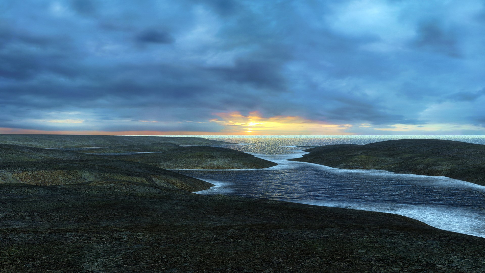 Dark clouds over a rocky landscape and a body of water at sunset HD Wallpaper