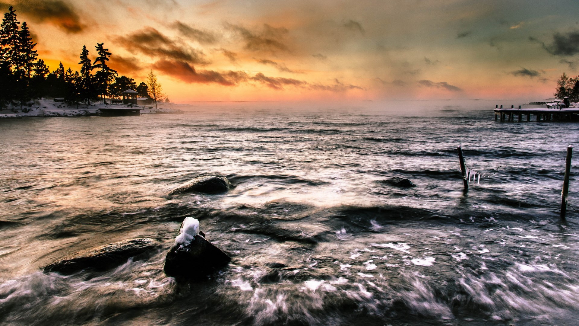 Misty sunrise over a cold lake with a pier HD Wallpaper