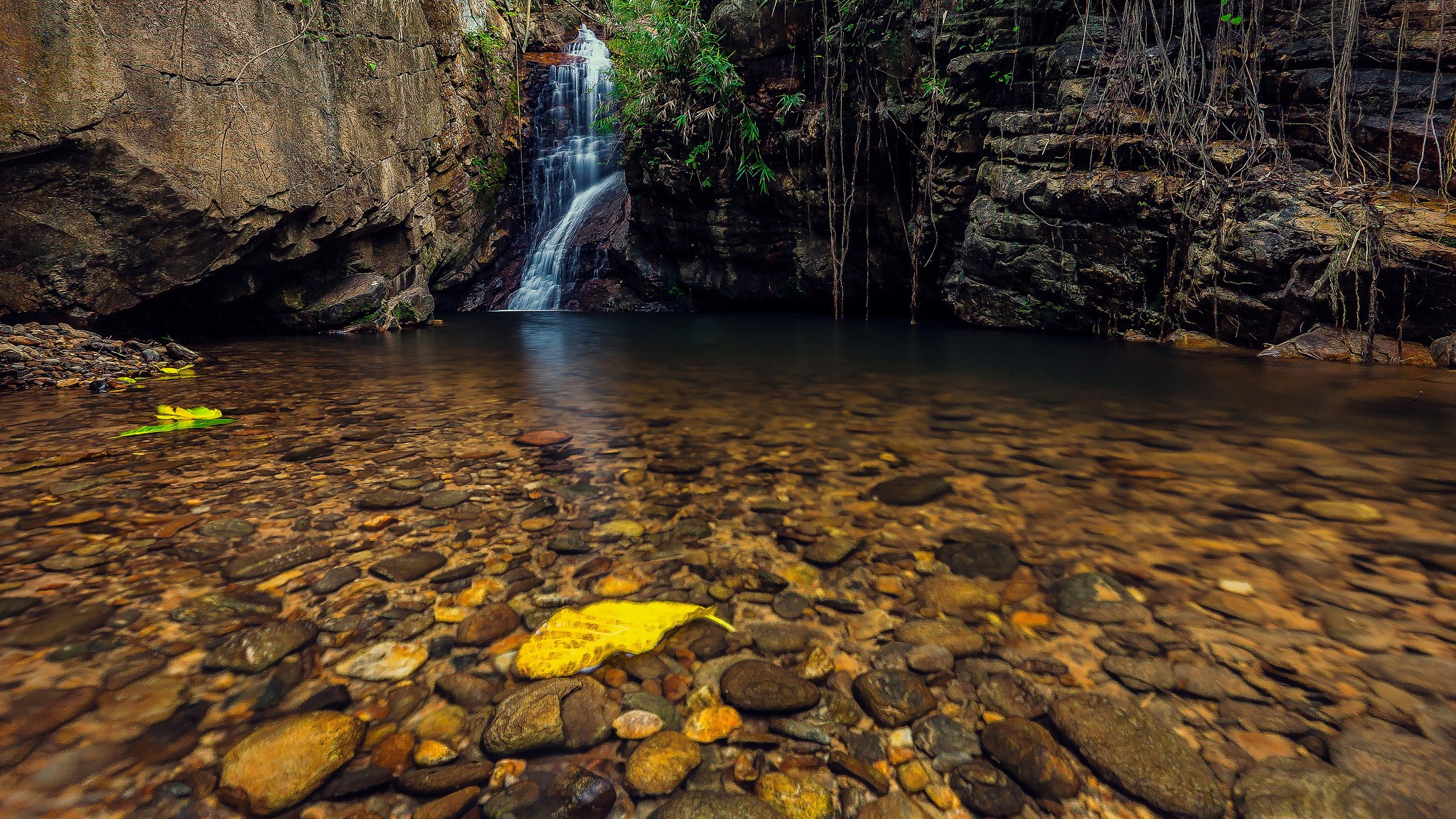 Waterfall cascading into a clear pool with rocky riverbed HD Wallpaper