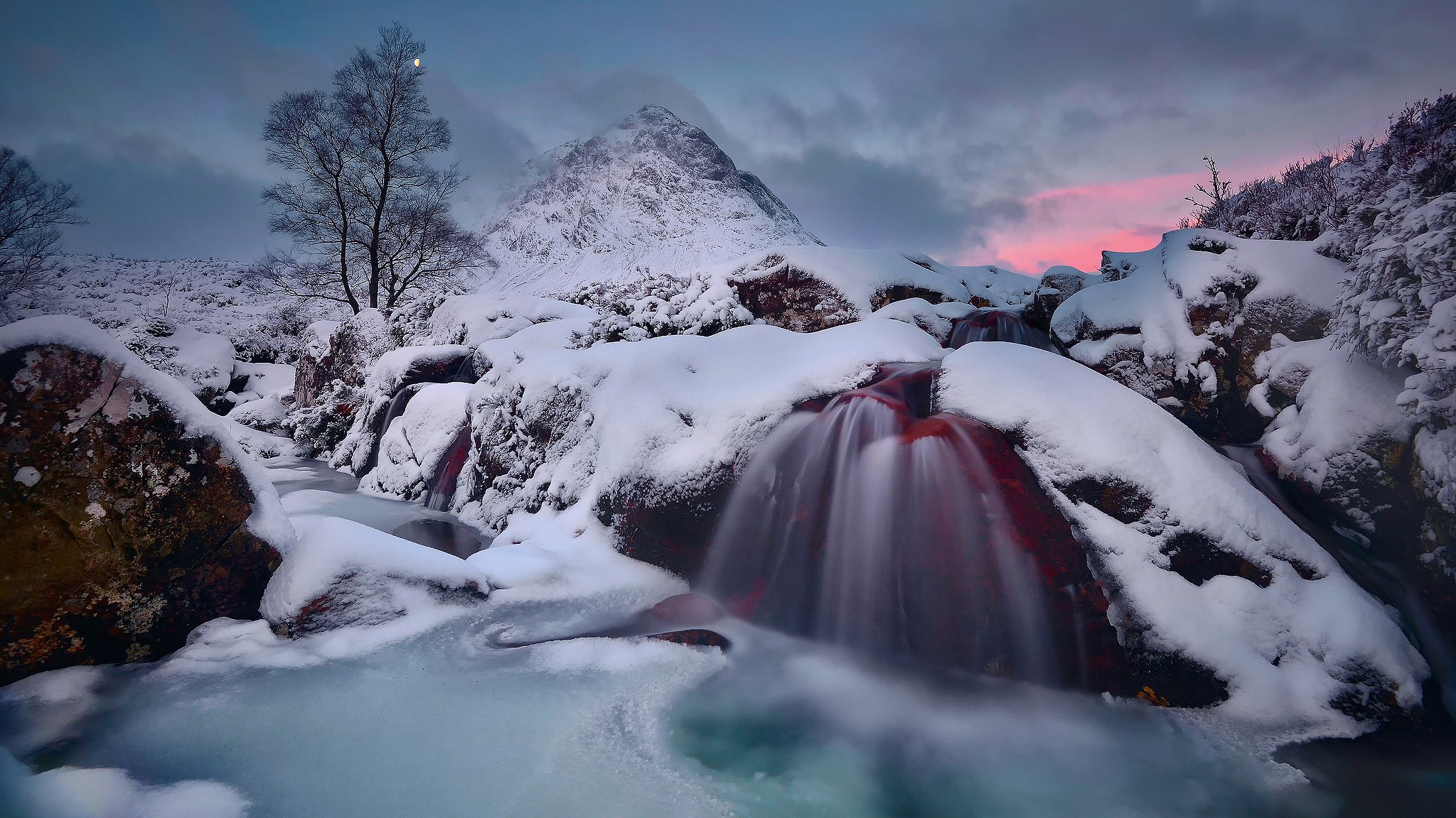 Snowy mountain stream with waterfall at dusk HD Wallpaper