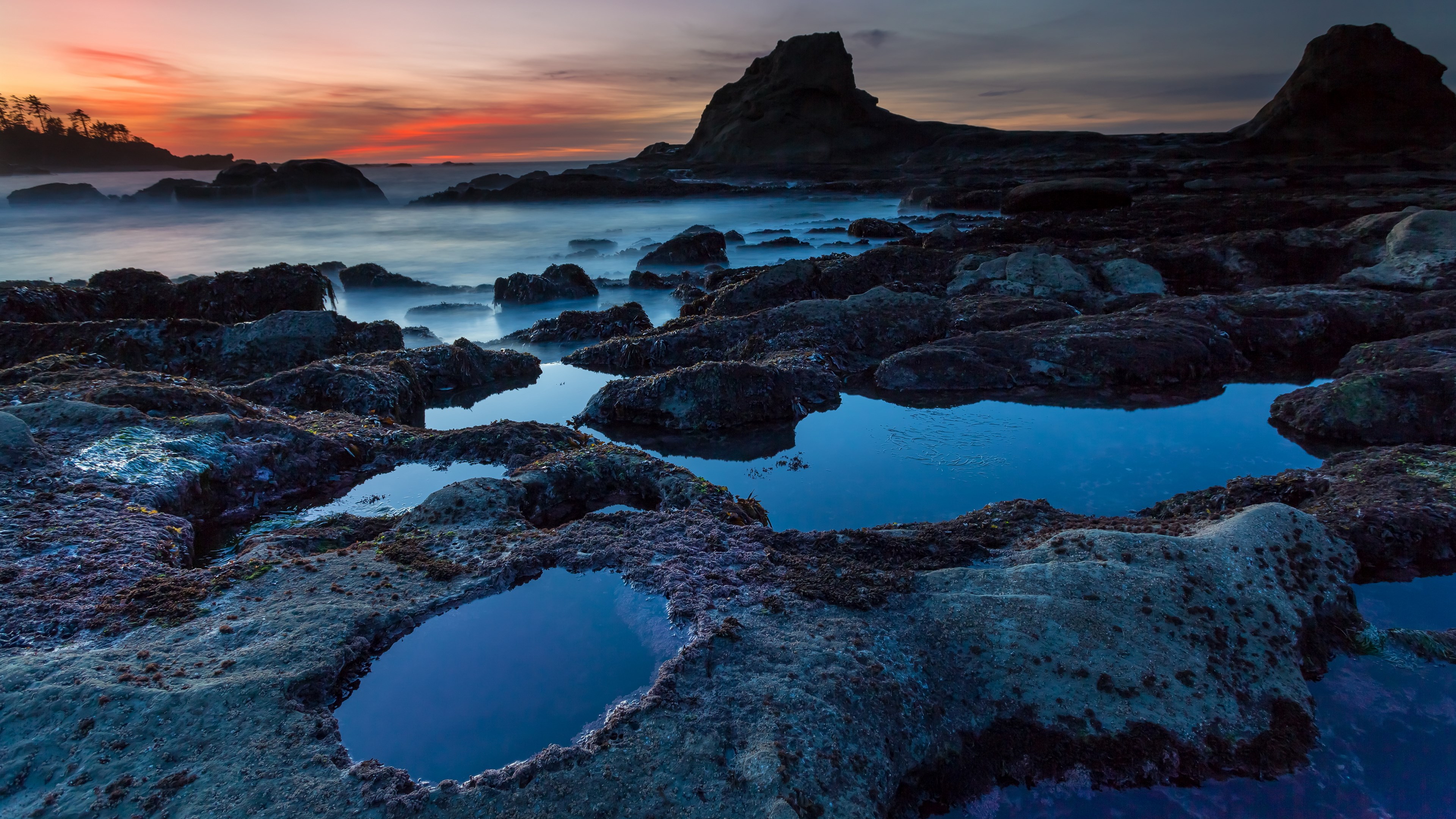 Rocky coastline with tide pools at sunset HD Wallpaper