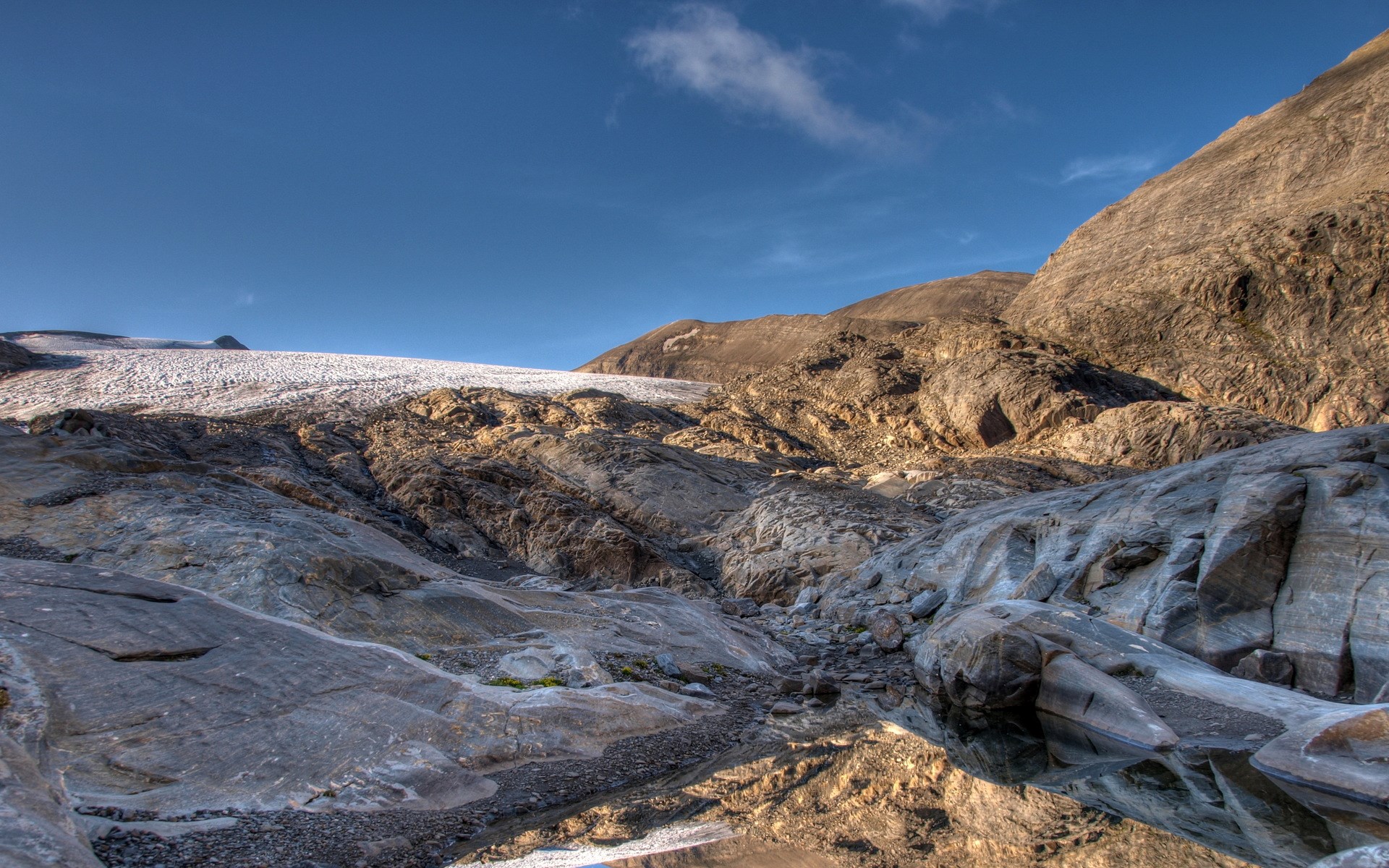 Glacier and rocky mountains with reflection pool HD Wallpaper