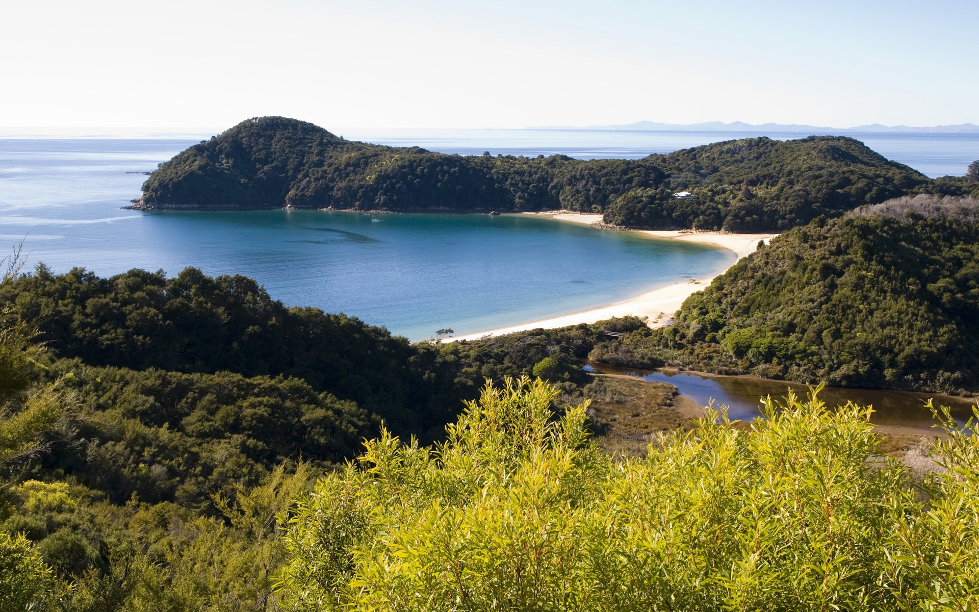 Coastal bay with forested hills and sandy beach HD Wallpaper