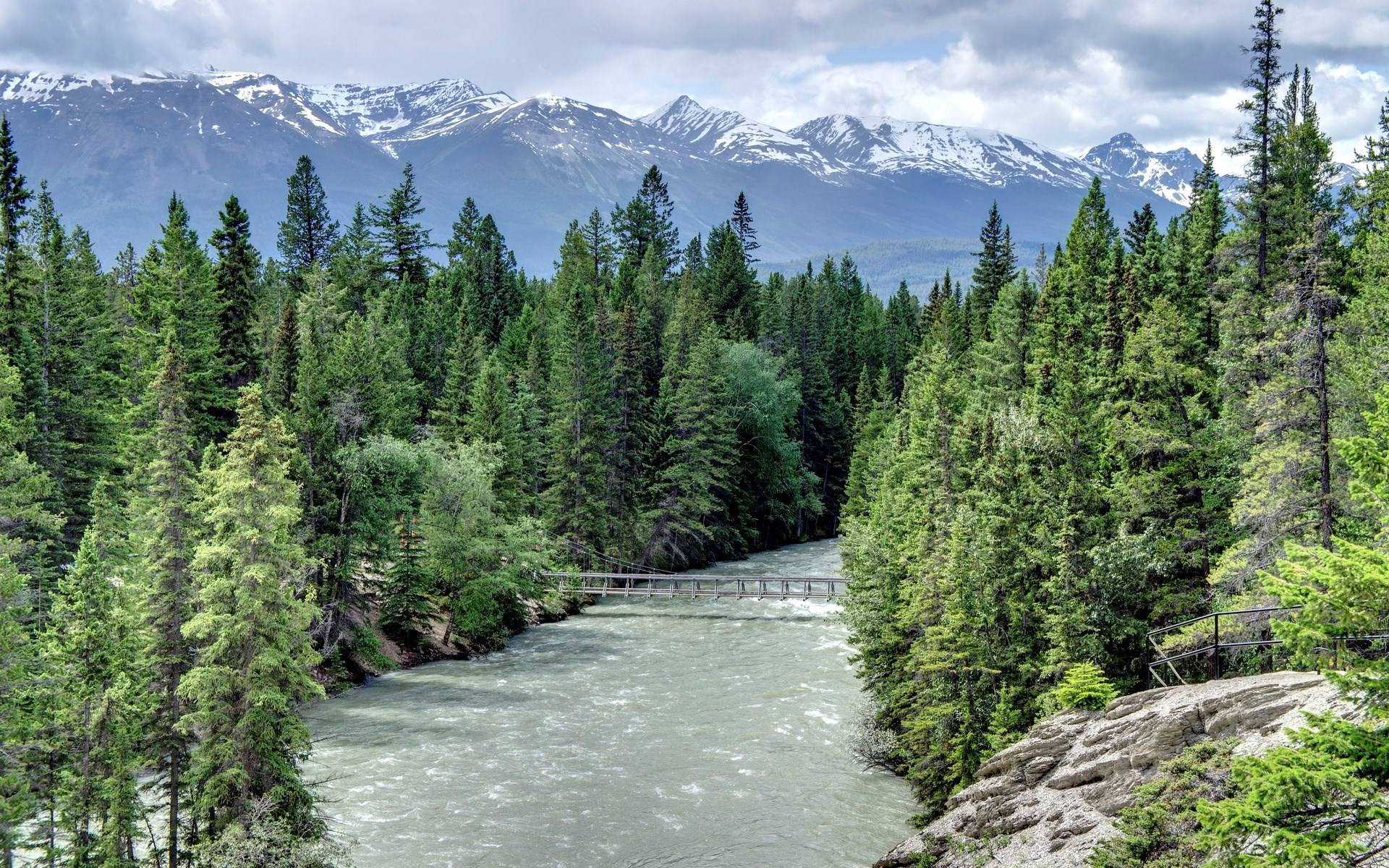 River flowing through a forest with snow-capped mountains HD Wallpaper