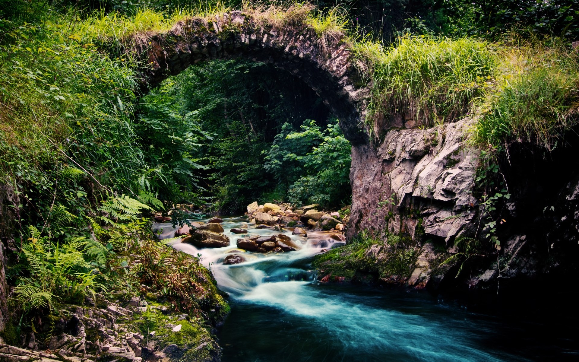Stone bridge over a flowing river in a forest HD Wallpaper