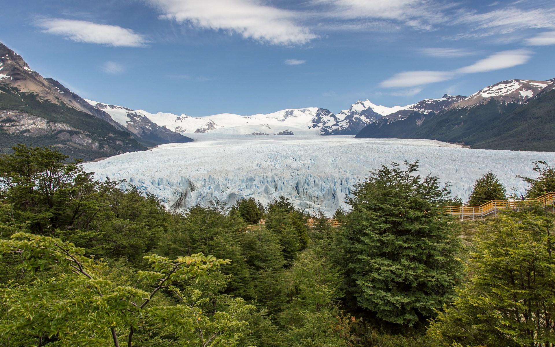 Perito Moreno Glacier with Mountains and Trees HD Wallpaper