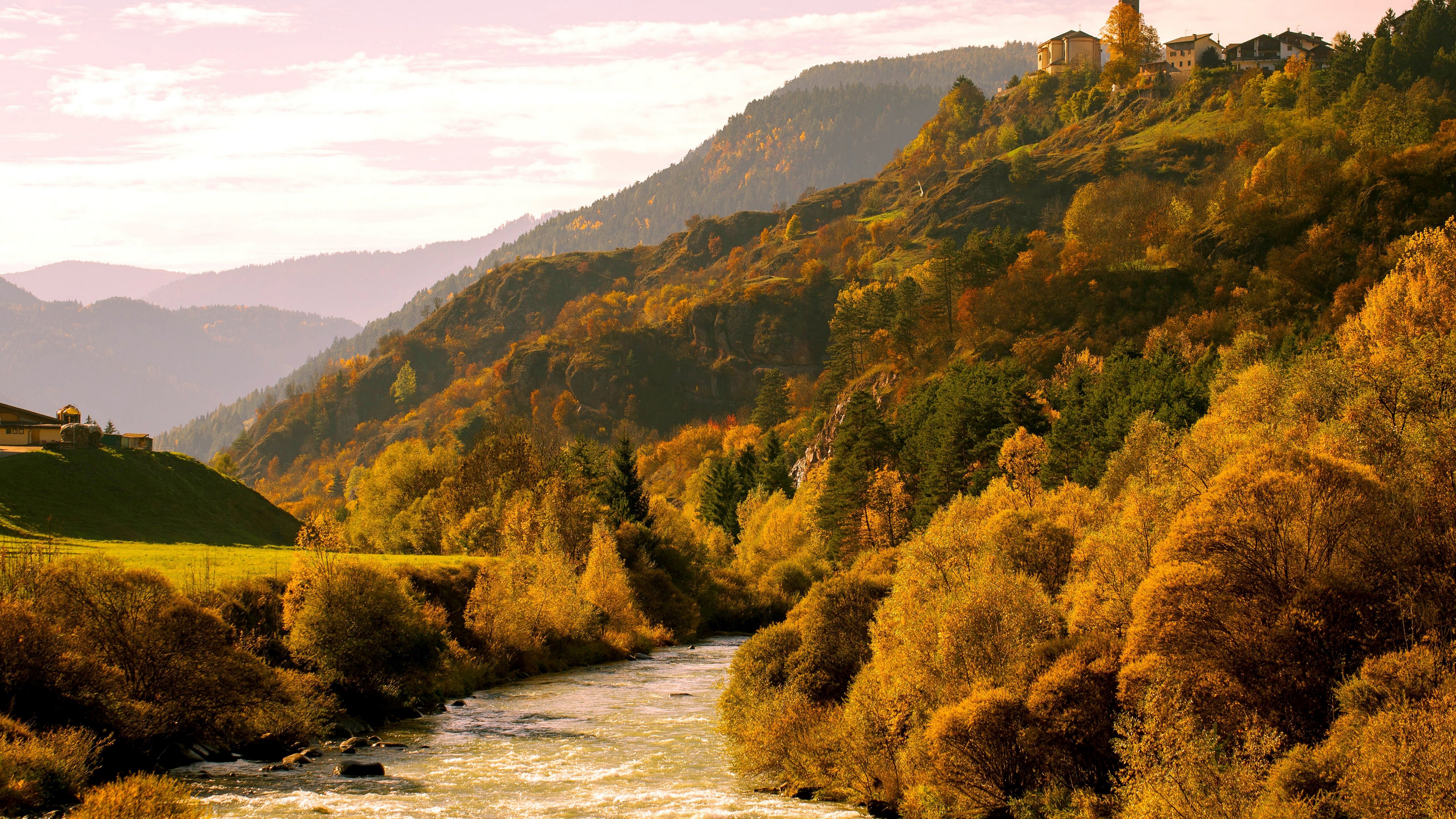 River flowing through a mountain valley in autumn HD Wallpaper