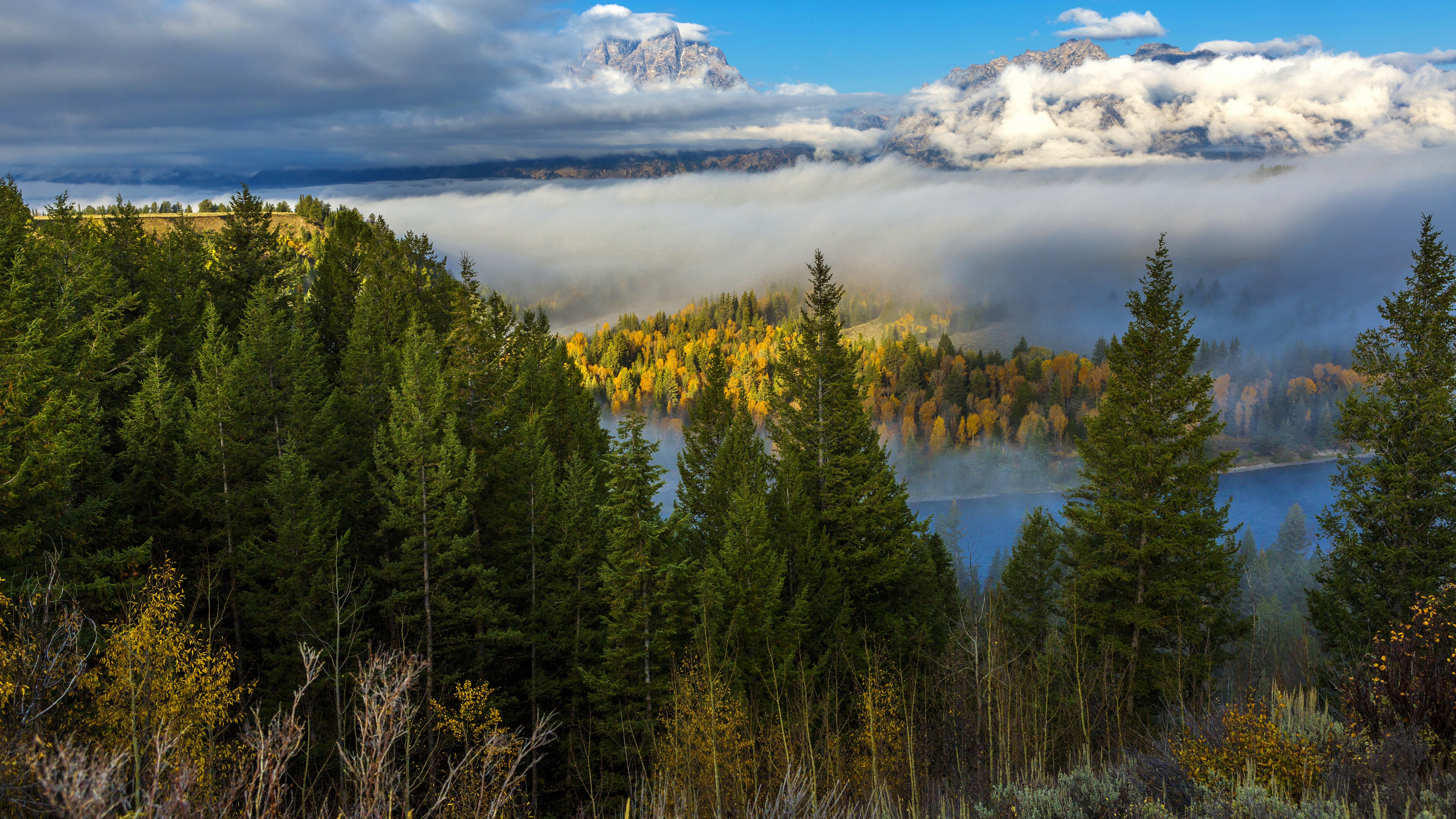 Misty Mountains and Autumn Forest Overlooking a Lake HD Wallpaper