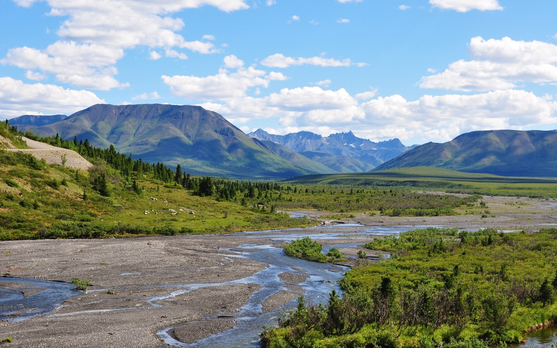 Mountain range with river and green hills HD Wallpaper