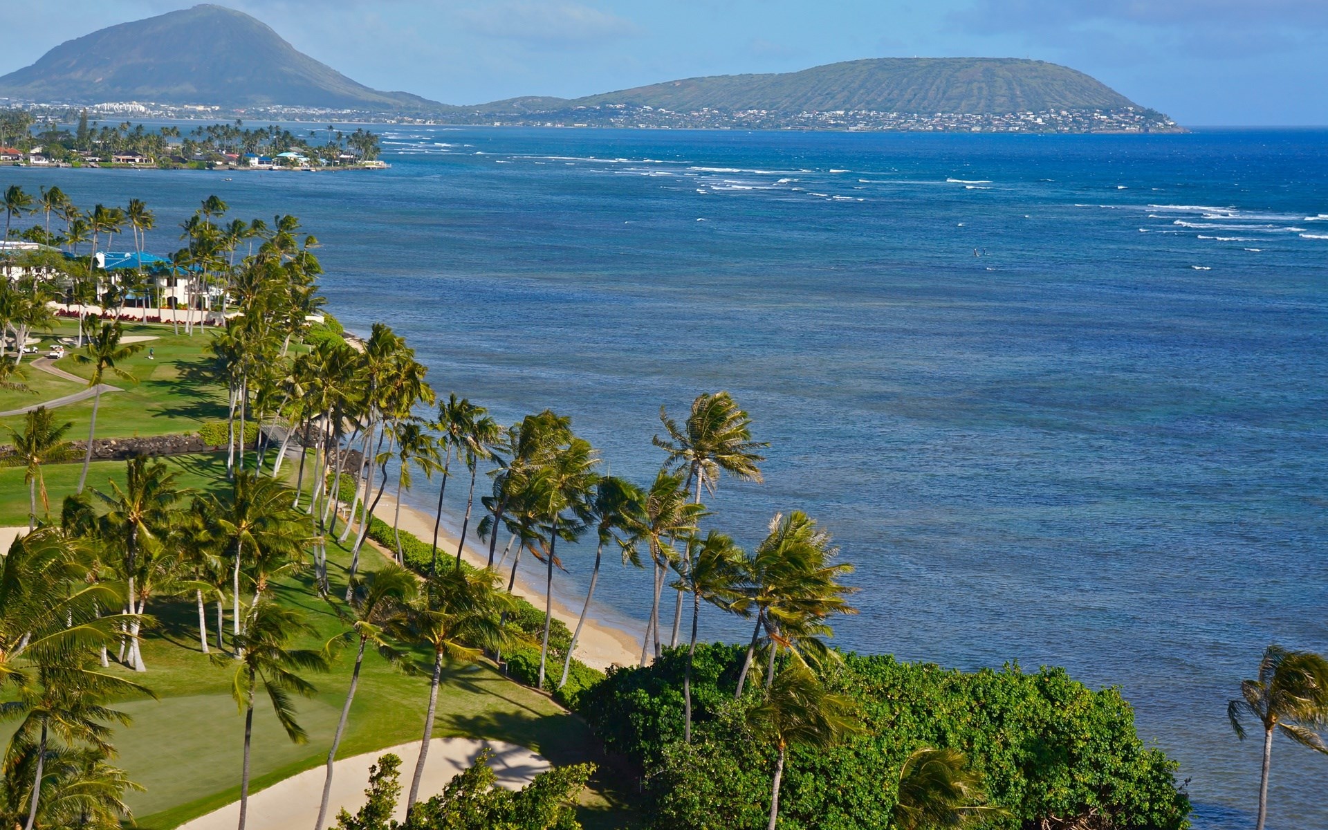 Tropical coastline with palm trees and mountains HD Wallpaper