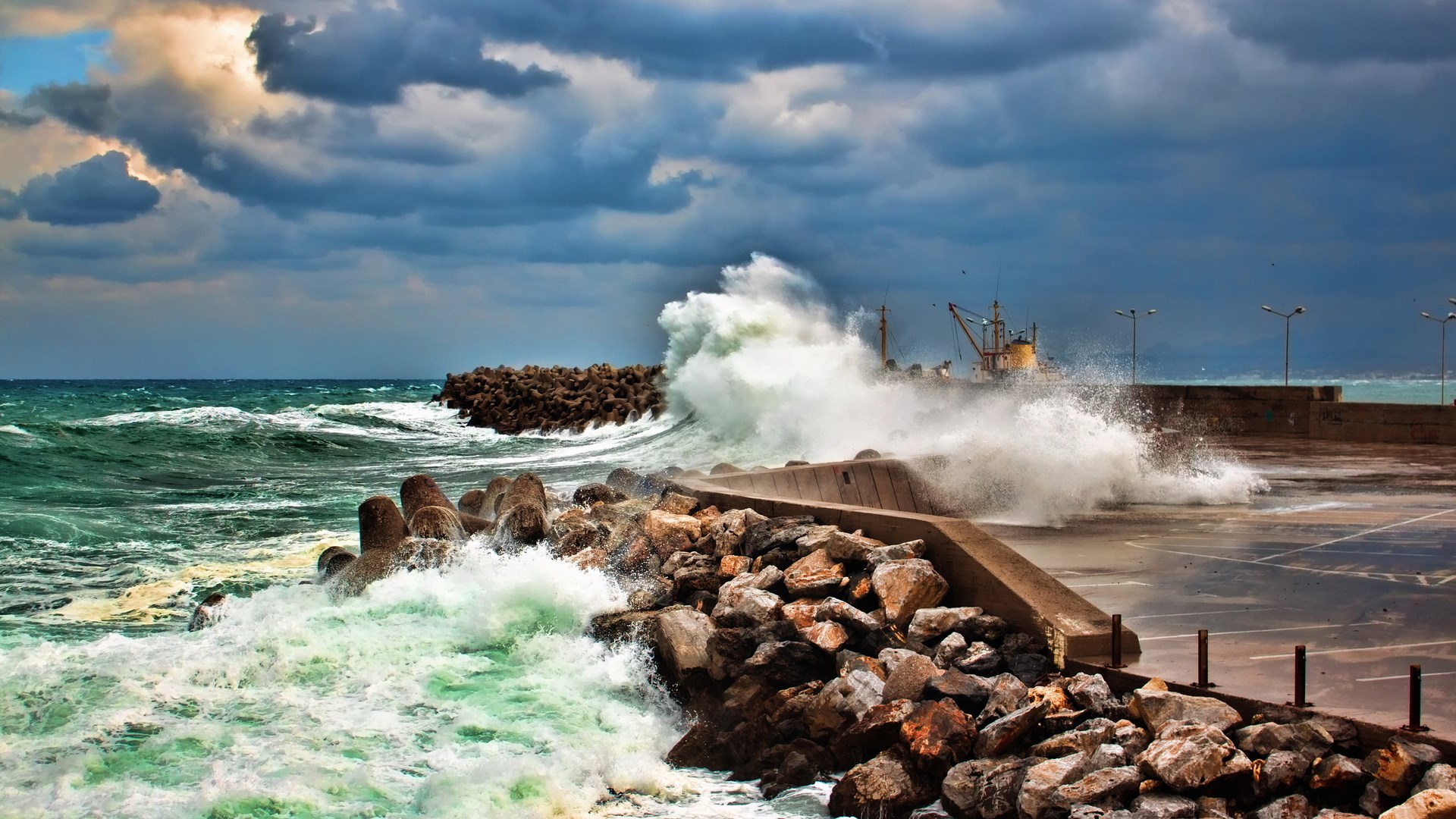 Stormy Seas Crash Against Breakwater with Ship HD Wallpaper