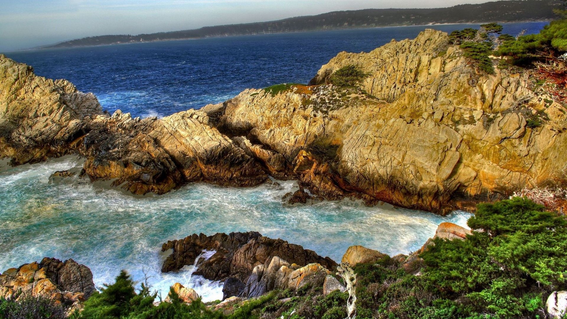Rocky coastline with crashing waves and trees HD Wallpaper