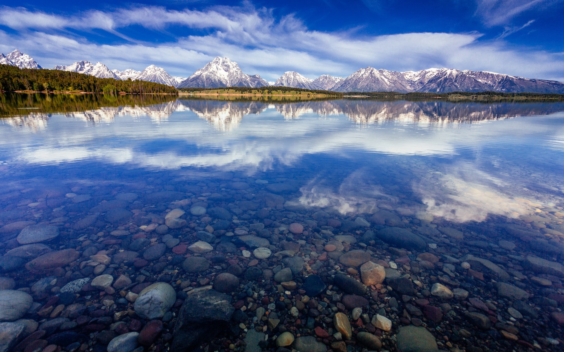 Snow-capped mountains reflected in a clear lake HD Wallpaper