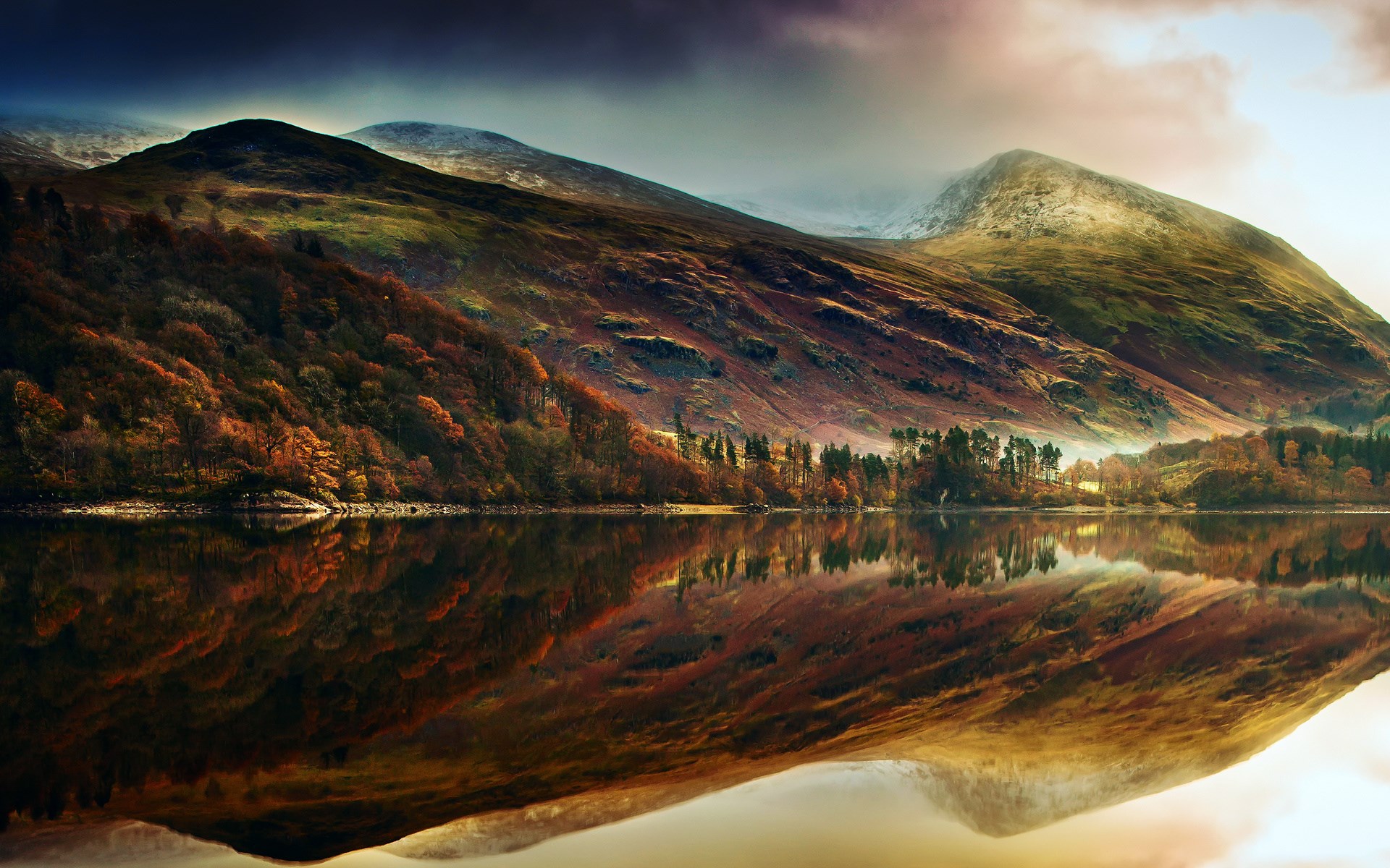 Autumn mountains reflected in a lake HD Wallpaper