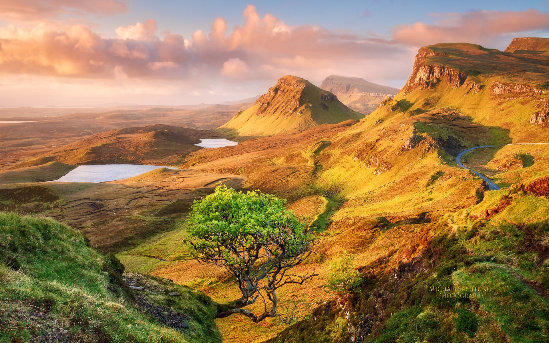 Golden Hour Over Scottish Highlands with Lone Tree HD Wallpaper