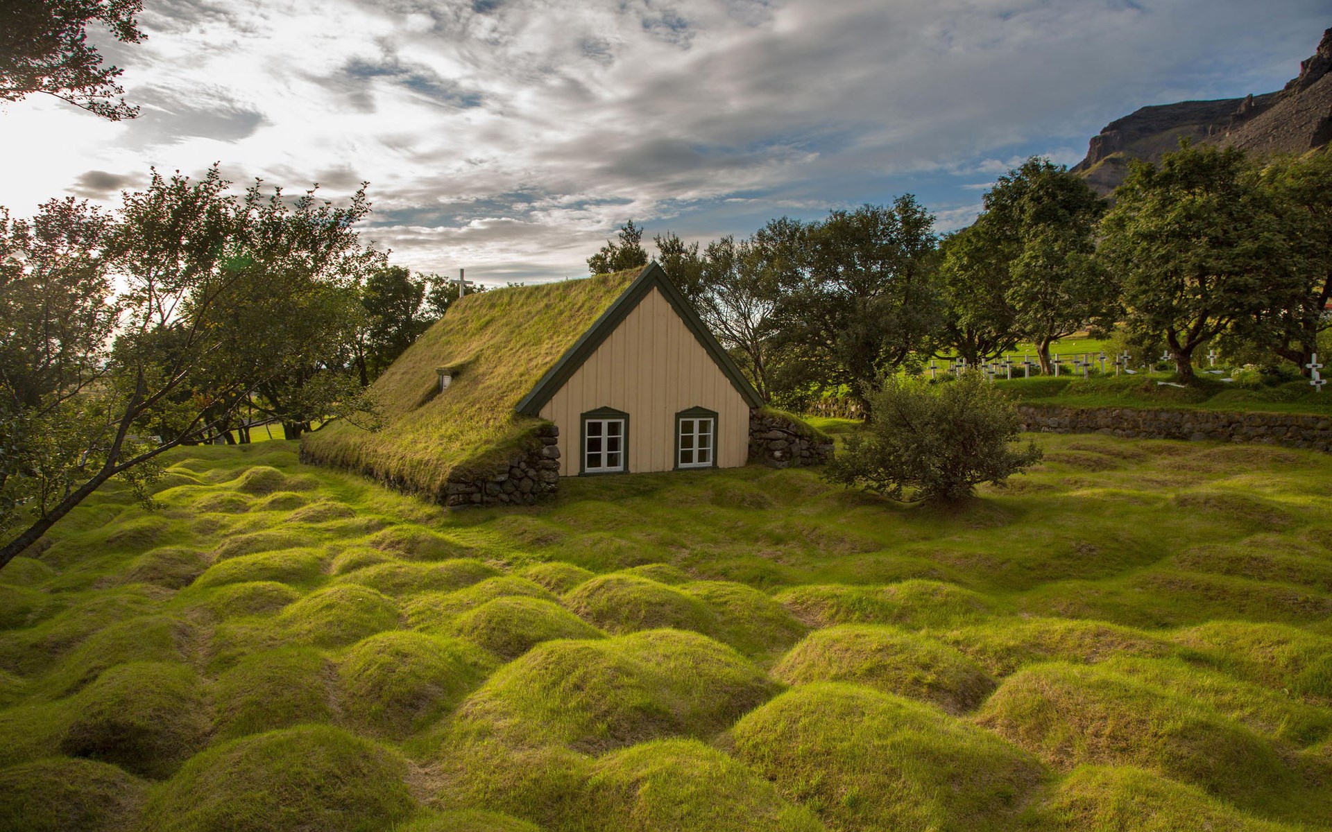 Turf-roofed church in a grassy landscape with trees HD Wallpaper