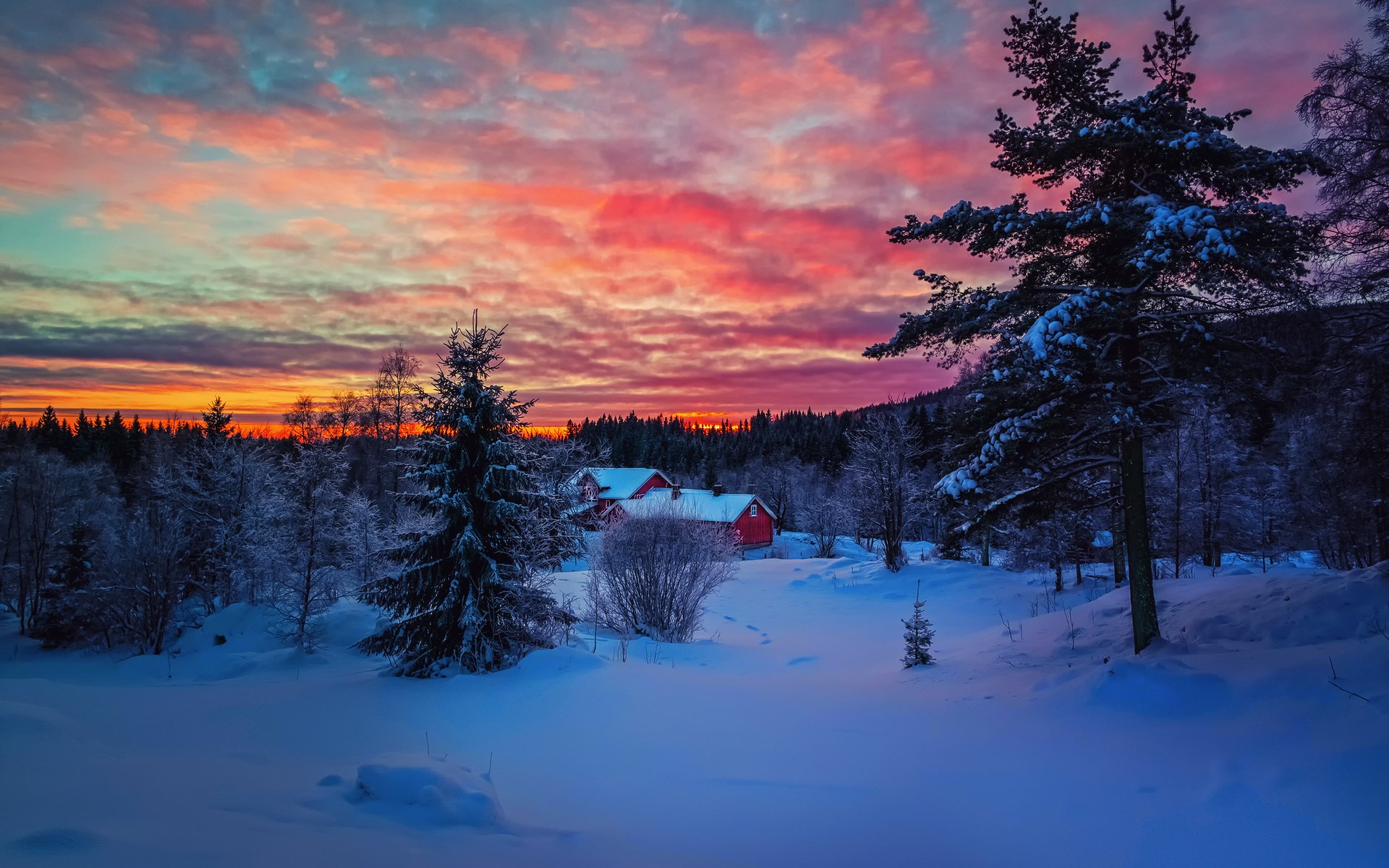 Snowy landscape with red houses and colorful sunset sky HD Wallpaper