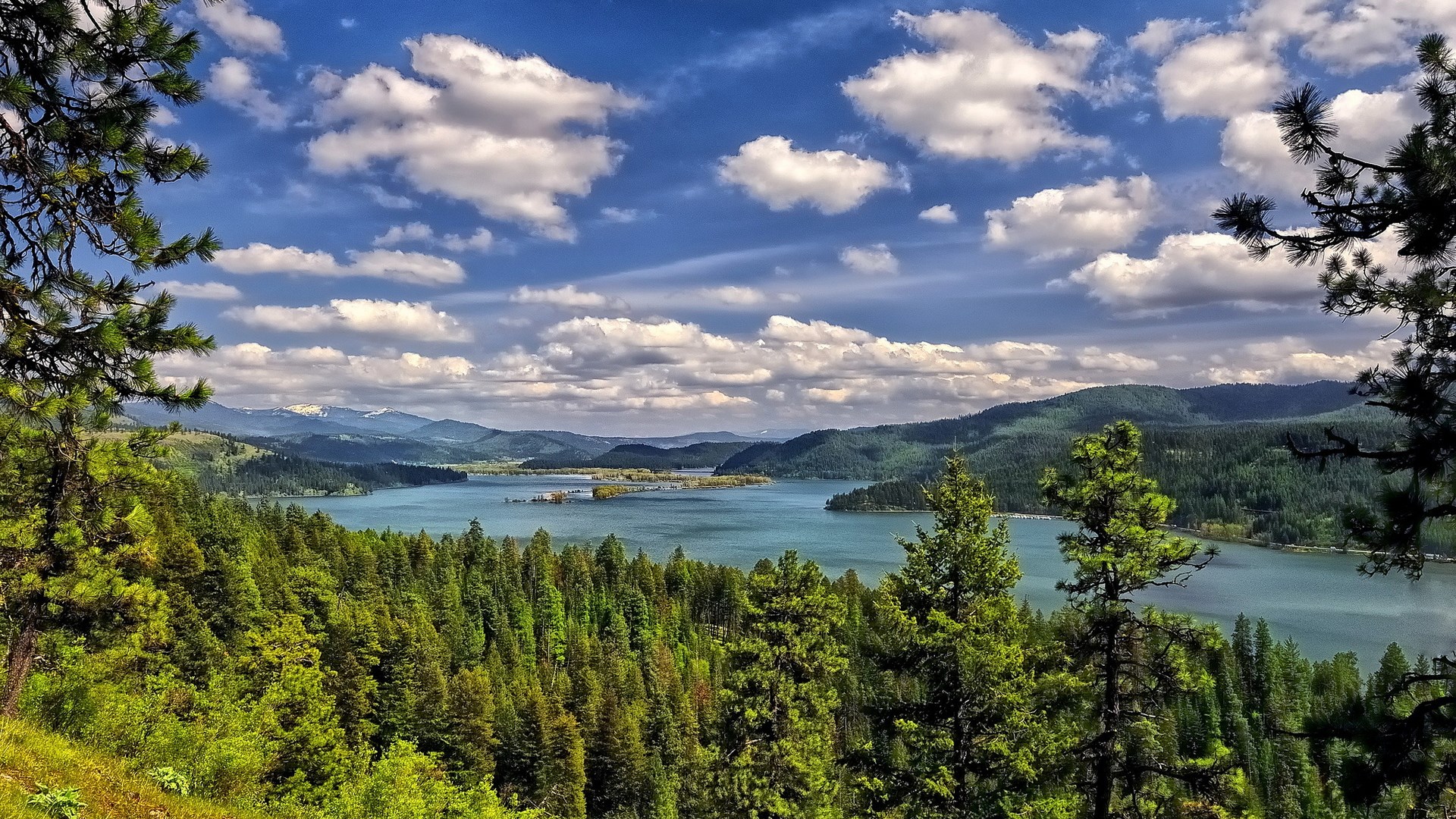 Lake surrounded by forested mountains under a cloudy sky HD Wallpaper