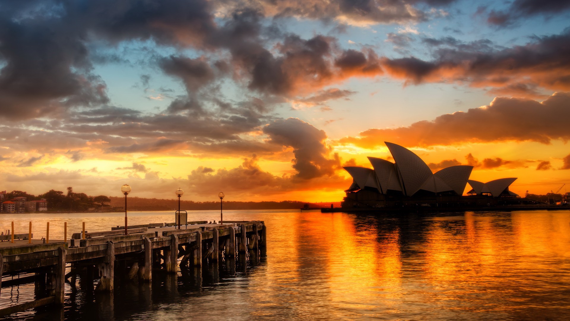 Sydney Opera House at sunset with pier HD Wallpaper