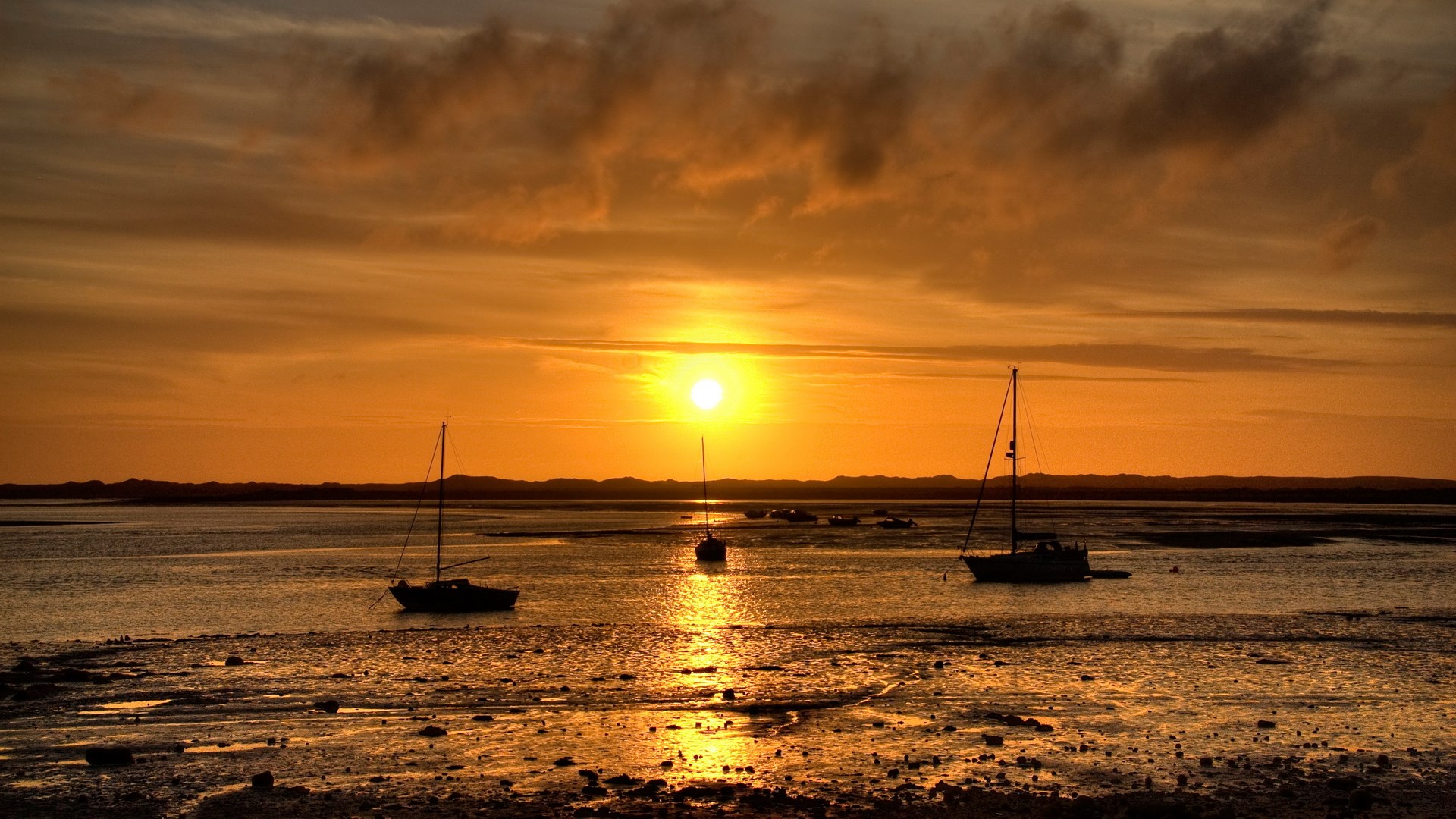 Sailboats at sunset on a calm sea HD Wallpaper