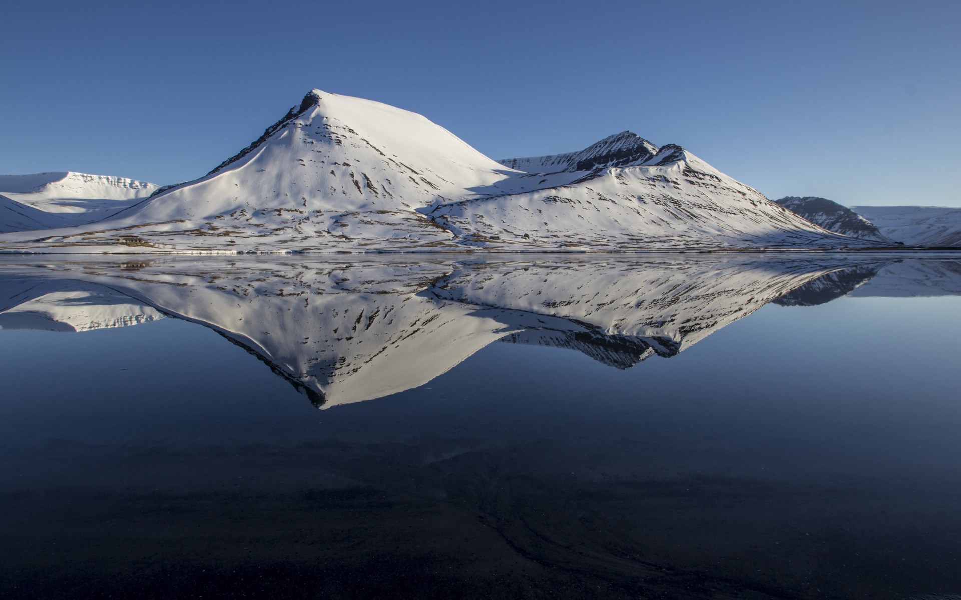 Snow-covered mountains reflected in calm water HD Wallpaper