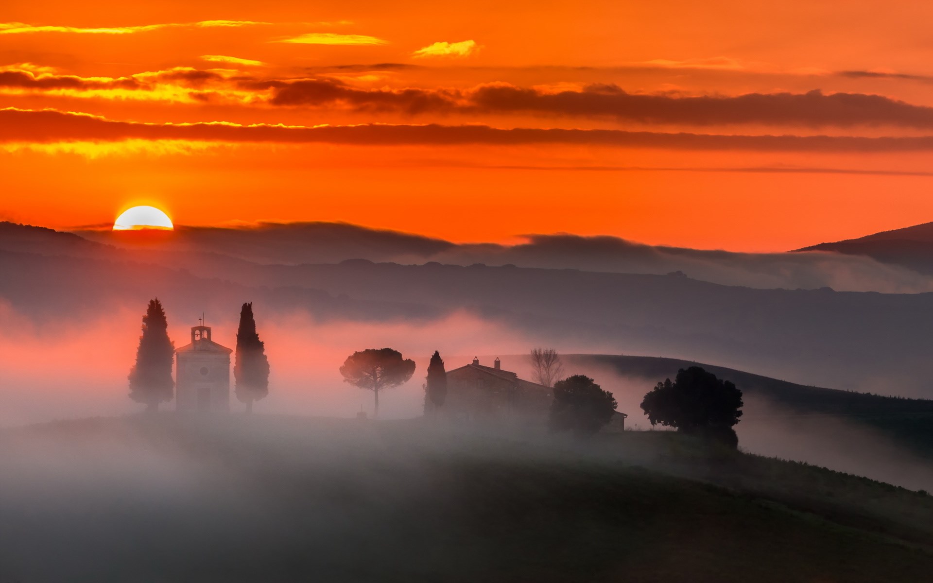 Tuscan landscape with chapel and farmhouse at sunrise HD Wallpaper