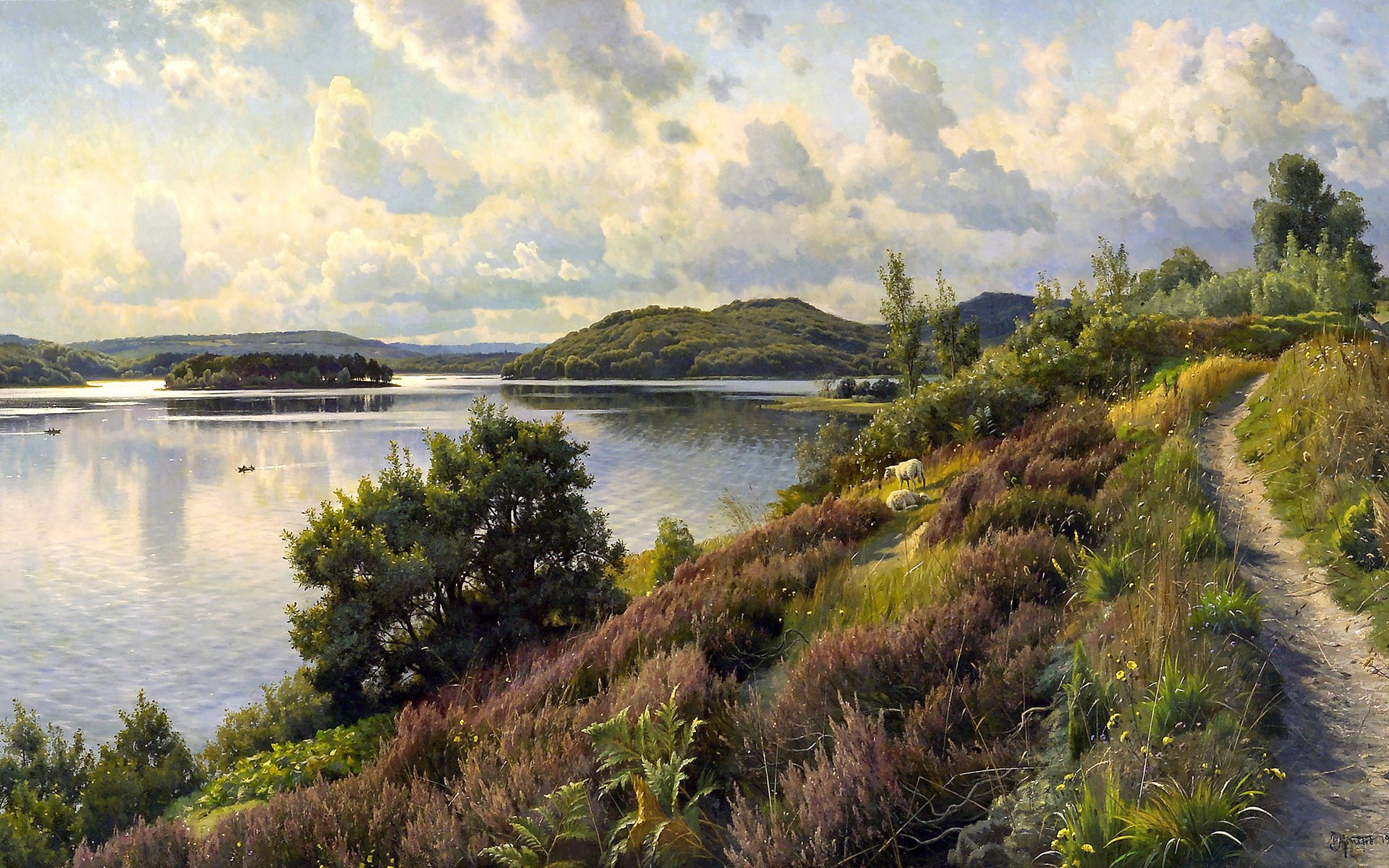 Sheep on a hill overlooking a lake with islands HD Wallpaper