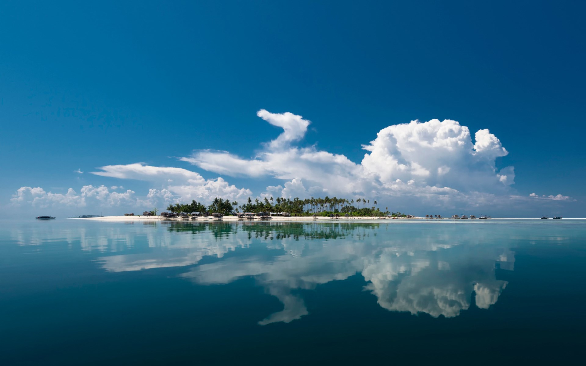 Island with palm trees and bungalows reflected in calm water HD Wallpaper