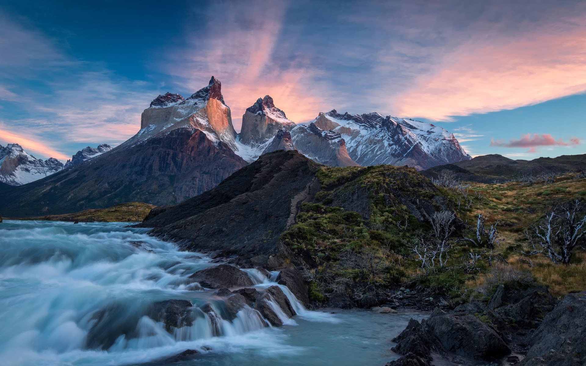 Torres del Paine National Park with river and mountains HD Wallpaper