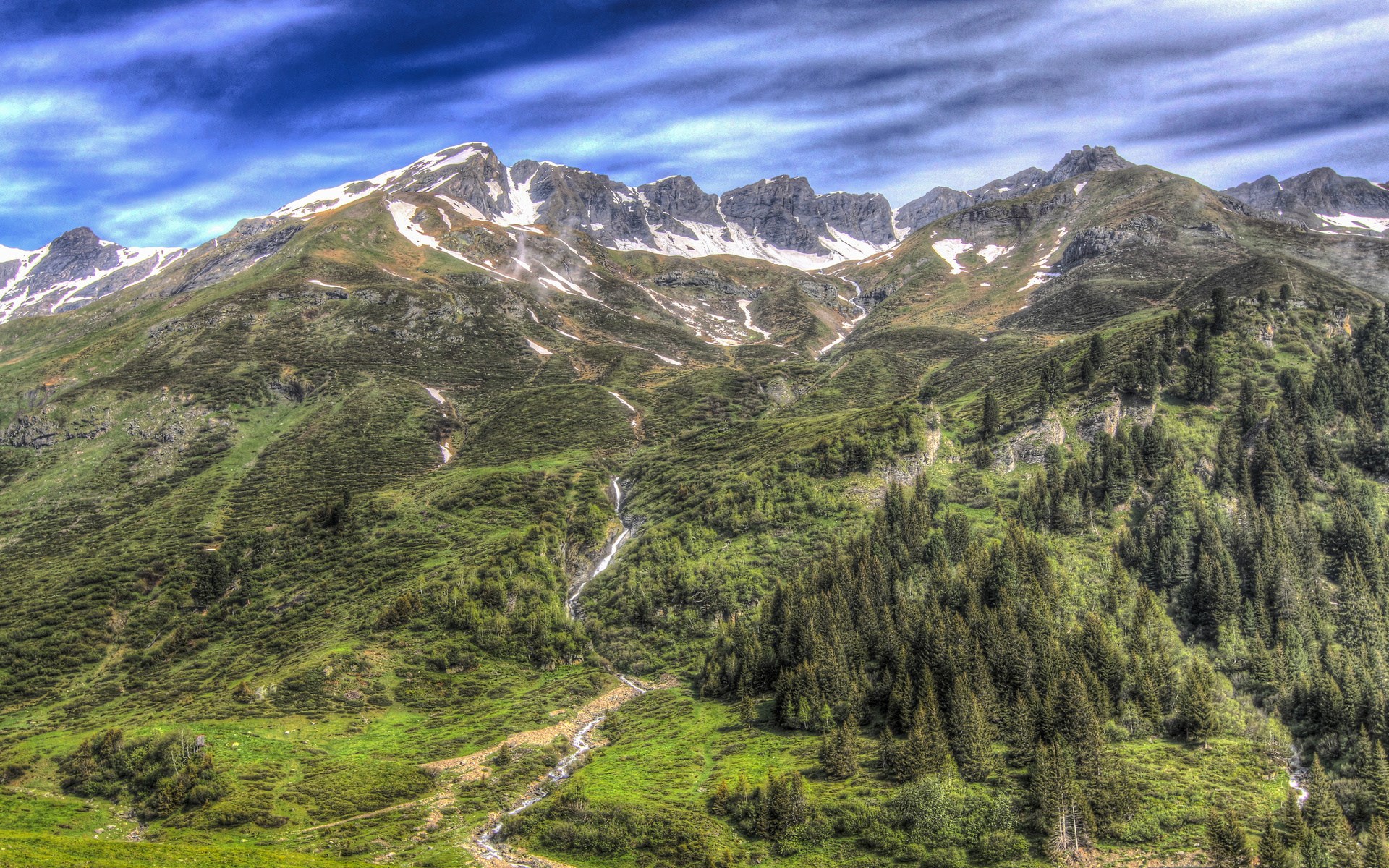 Mountain range with green slopes and snow-capped peaks HD Wallpaper