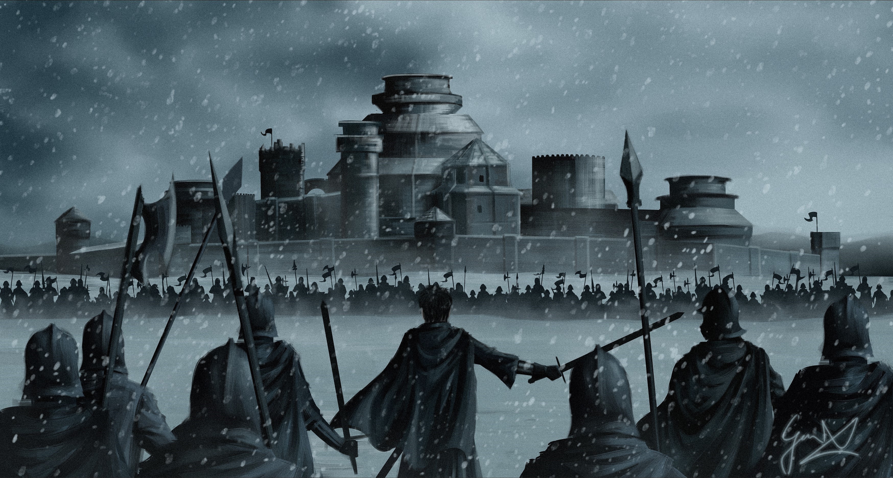 Army facing a castle in the snow HD Wallpaper